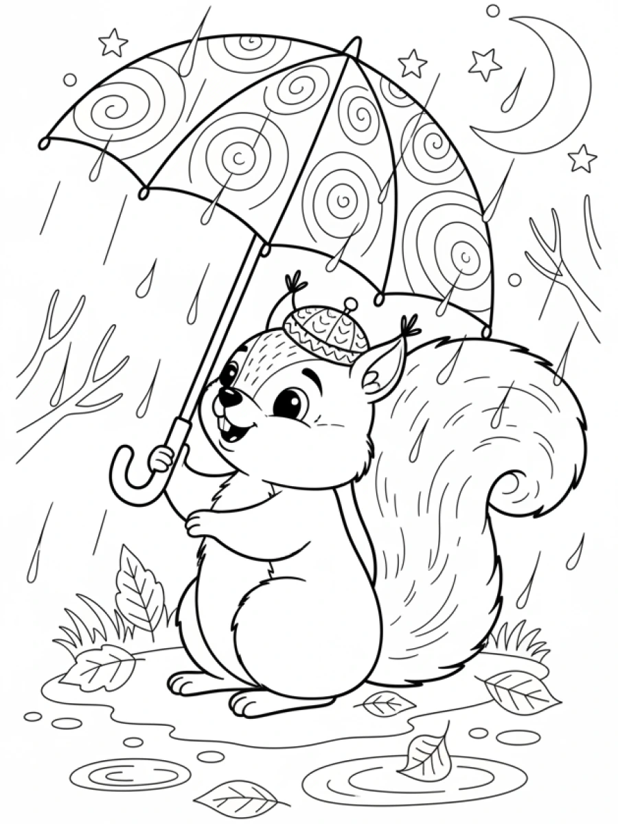 Coloriage Écureuil parapluie pluie