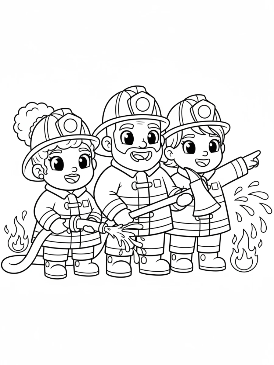 coloriage pompier — Une équipe de trois pompiers travaillant ensemble, l'un avec une lance, l'autre avec une hache, et le troisième donnant des instructions.