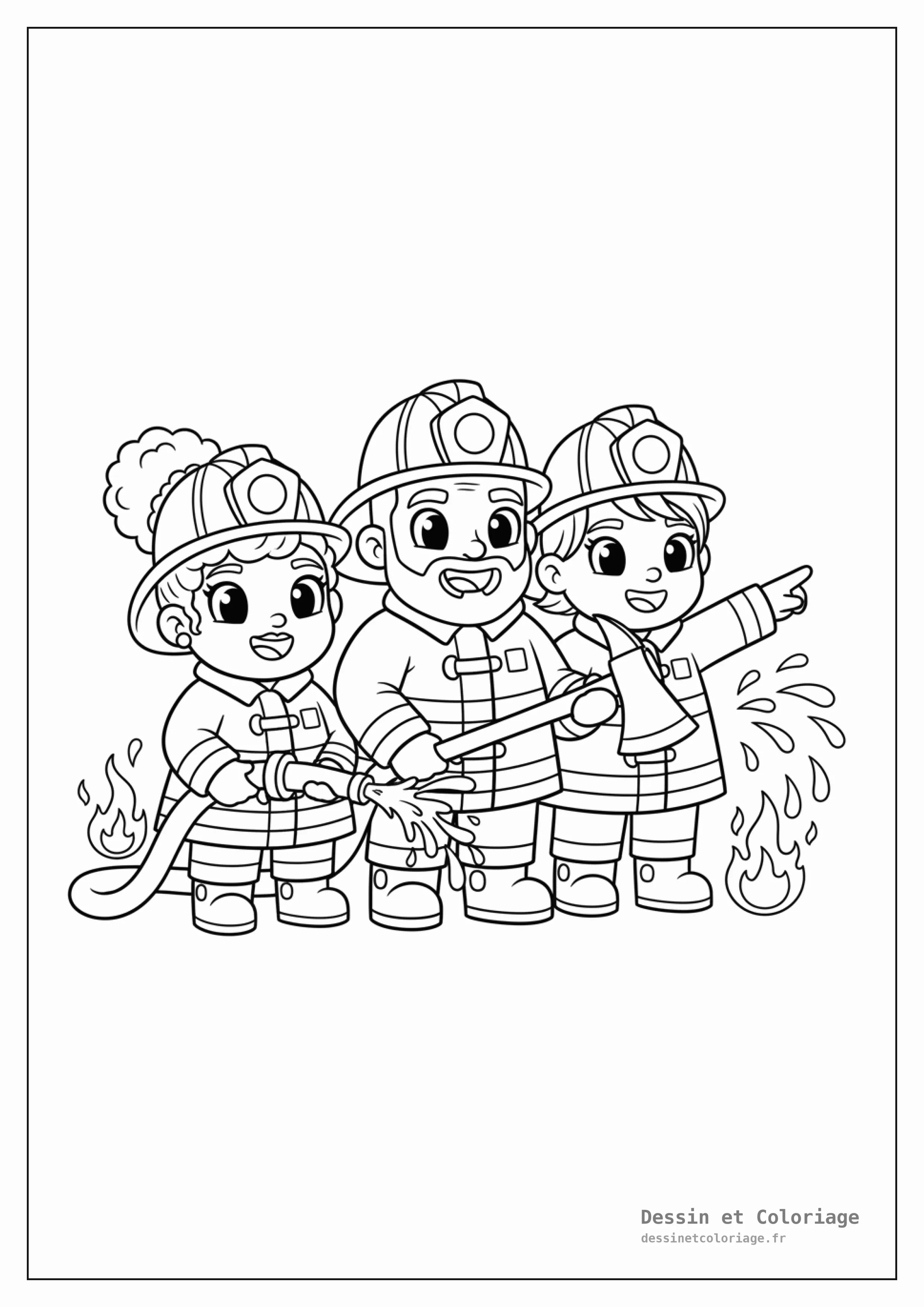 coloriage pompier — Une équipe de trois pompiers travaillant ensemble, l'un avec une lance, l'autre avec une hache, et le troisième donnant des instructions.