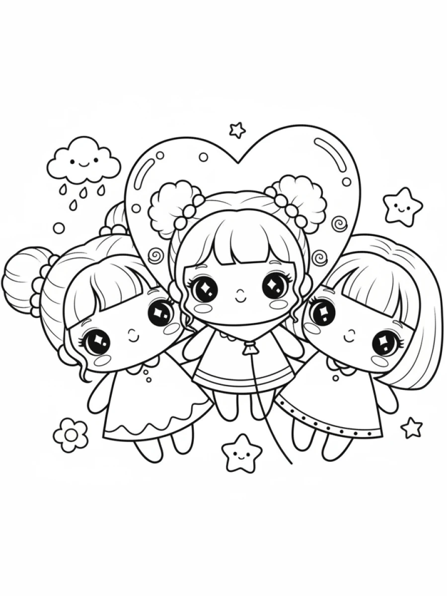 Coloriages Kawaii fille — Fille kawaii tenant un grand ballon en forme de cœur, des petits cœurs flottant dans l'air.