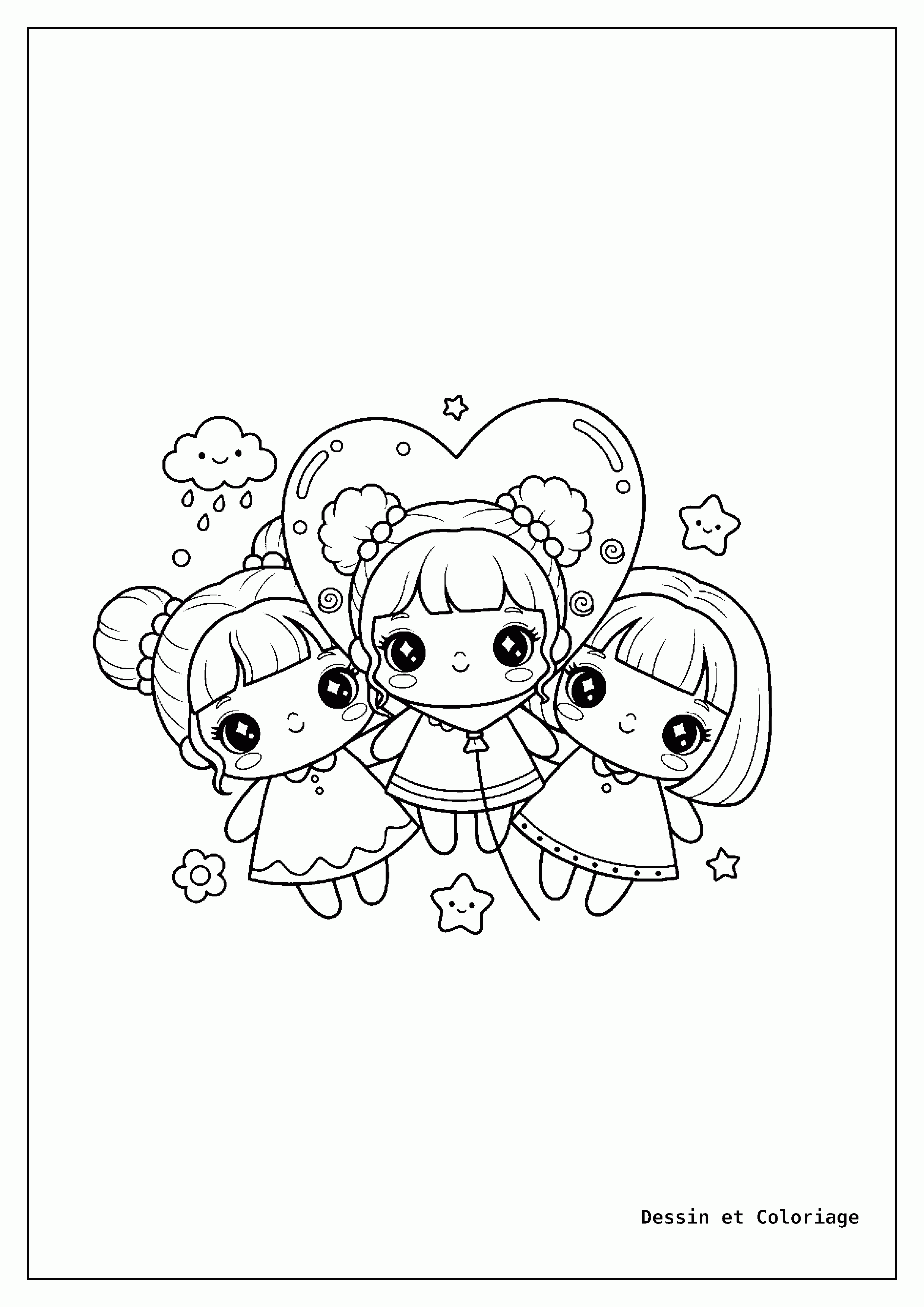 Coloriages Kawaii fille — Fille kawaii tenant un grand ballon en forme de cœur, des petits cœurs flottant dans l'air.