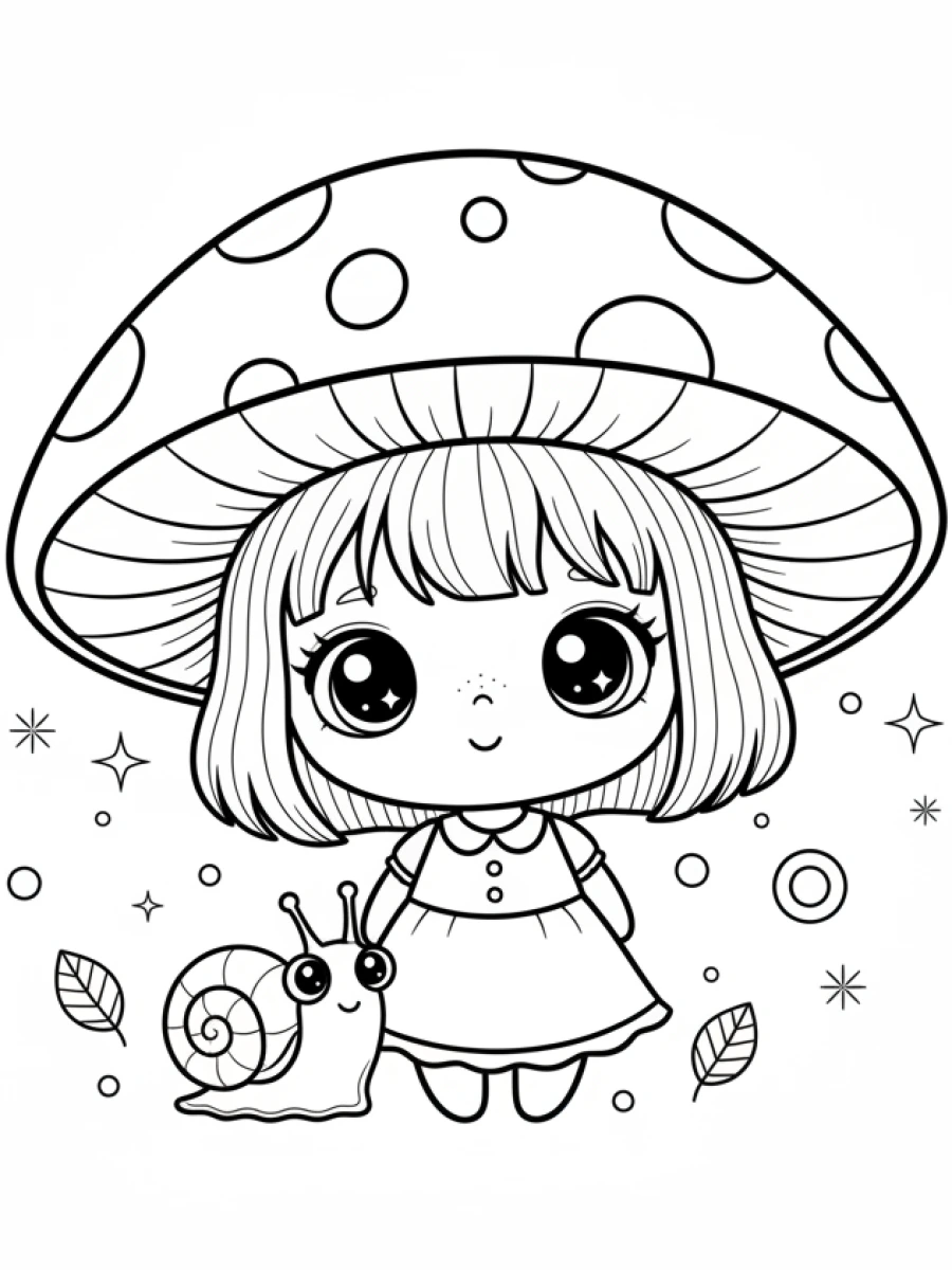 Coloriages Kawaii fille — Fillette kawaii portant un chapeau champignon, accompagnée d'un petit escargot souriant, des feuilles autour.