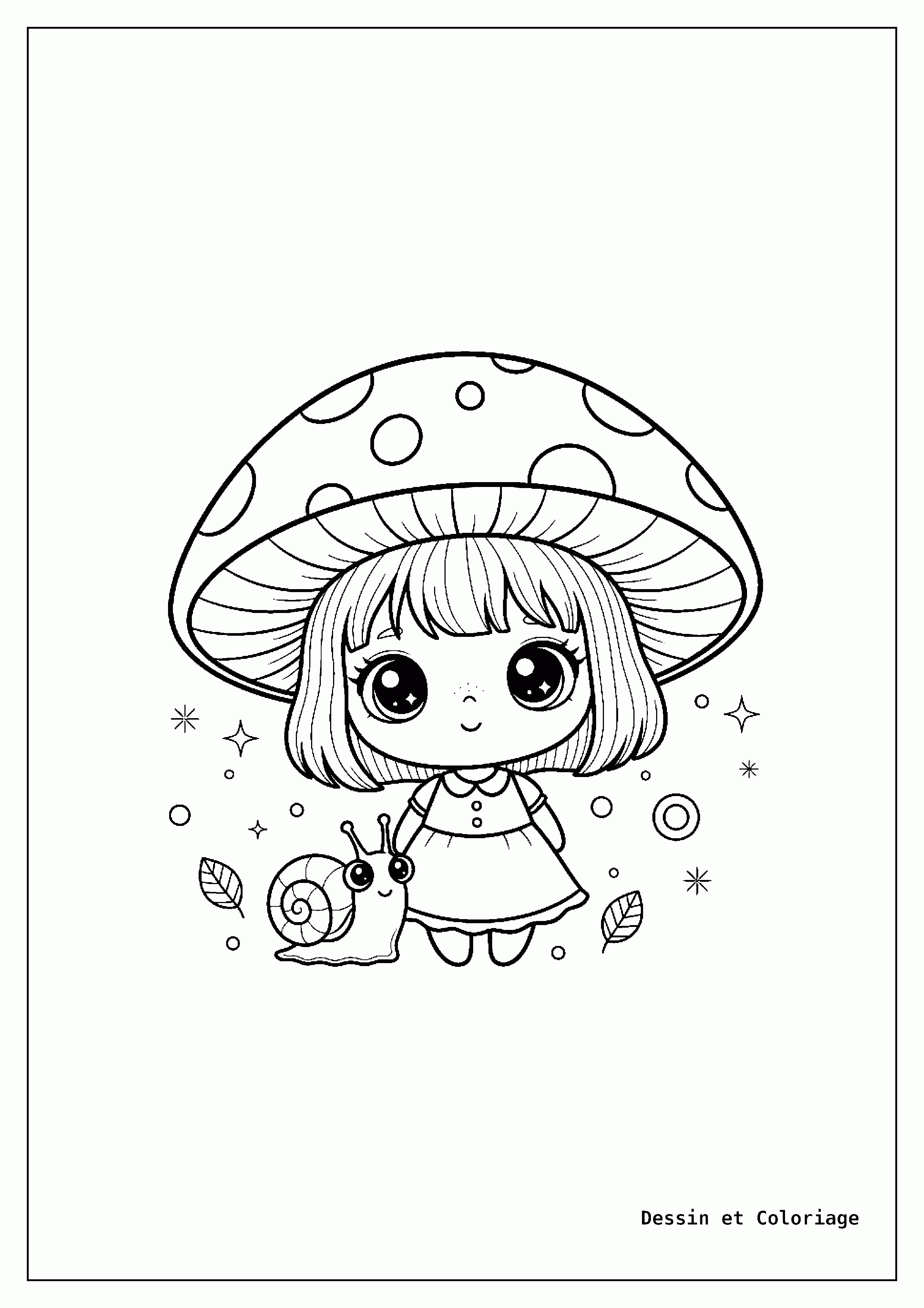 Coloriages Kawaii fille — Fillette kawaii portant un chapeau champignon, accompagnée d'un petit escargot souriant, des feuilles autour.