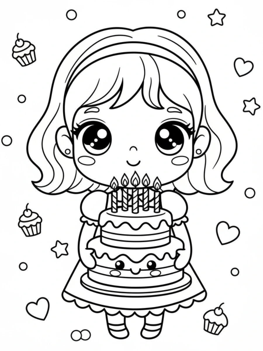 Coloriages Kawaii fille — Fillette kawaii tenant un grand gâteau d'anniversaire souriant, décoré de bougies.