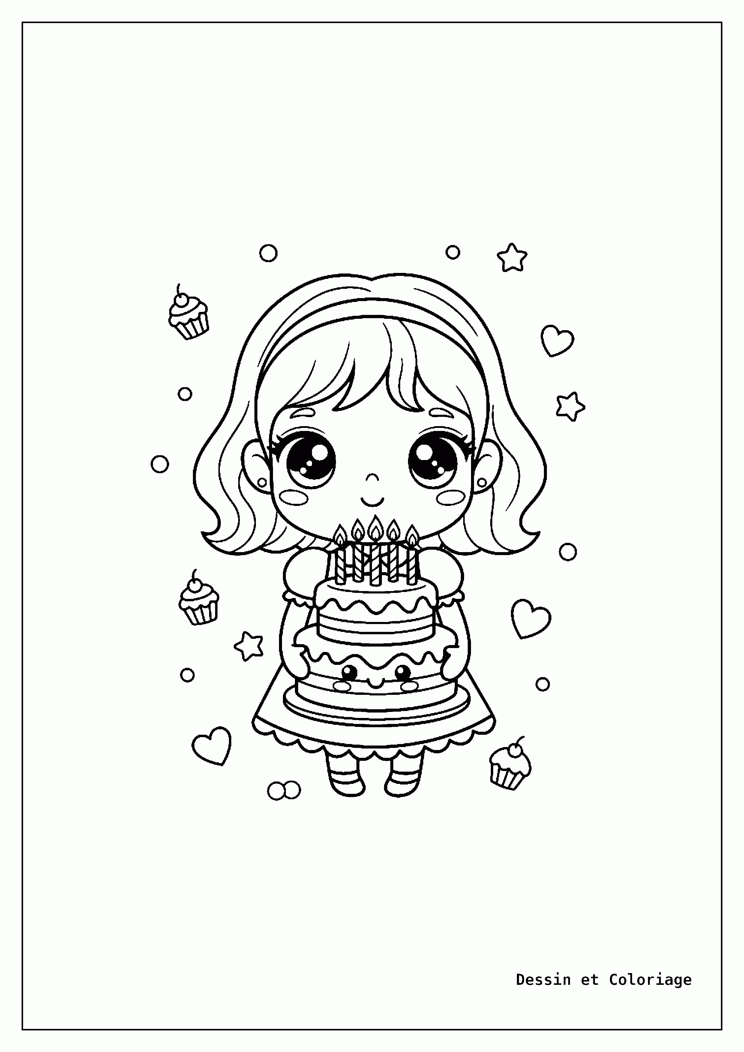 Coloriages Kawaii fille — Fillette kawaii tenant un grand gâteau d'anniversaire souriant, décoré de bougies.