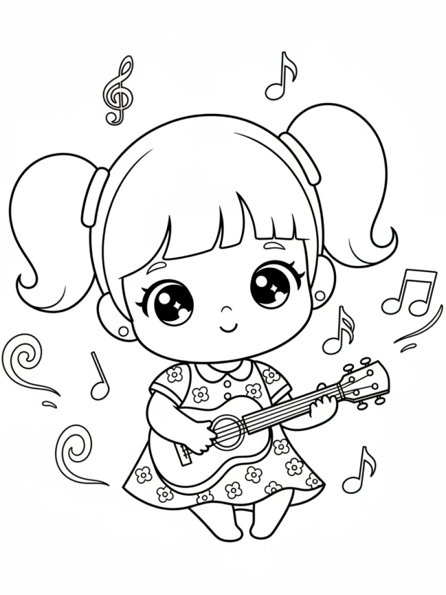 Coloriages Kawaii fille — Une fillette kawaii joue joyeusement d'un petit ukulélé, des notes de musique flottent autour d'elle.