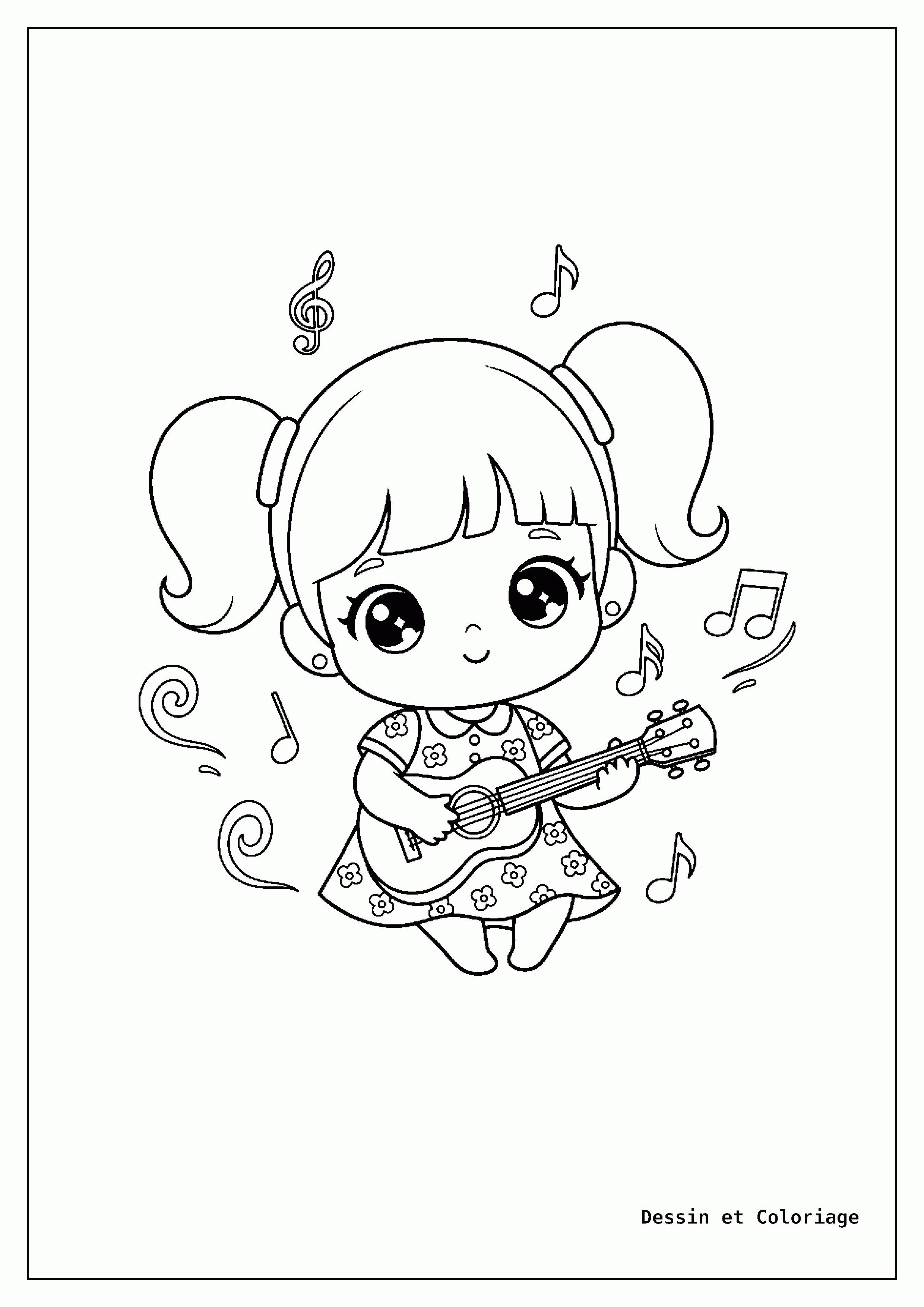 Coloriages Kawaii fille — Une fillette kawaii joue joyeusement d'un petit ukulélé, des notes de musique flottent autour d'elle.