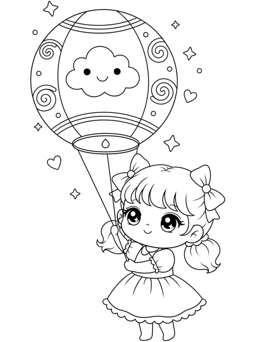 Coloriages Kawaii fille — Fille kawaii lâchant une lanterne volante illuminée, des étoiles s'échappant autour.