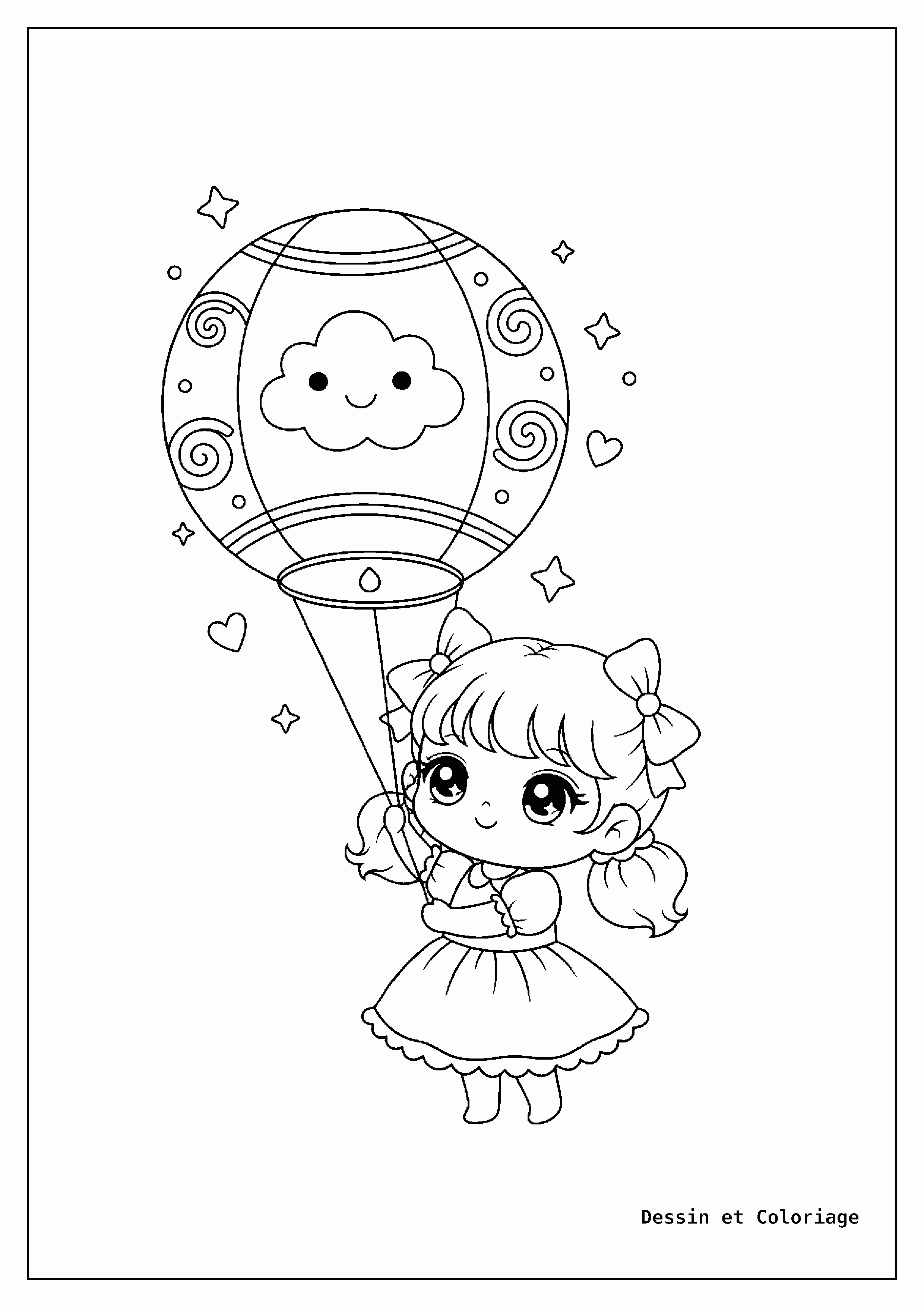 Coloriages Kawaii fille — Fille kawaii lâchant une lanterne volante illuminée, des étoiles s'échappant autour.
