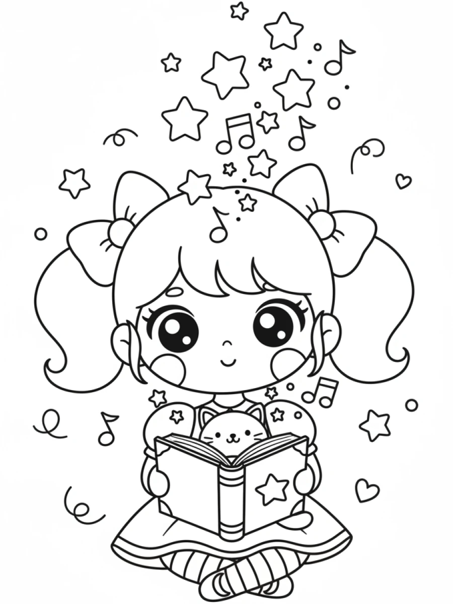 Coloriages Kawaii fille — Fillette kawaii lisant un livre magique, des étoiles et notes de musique s'échappant des pages.