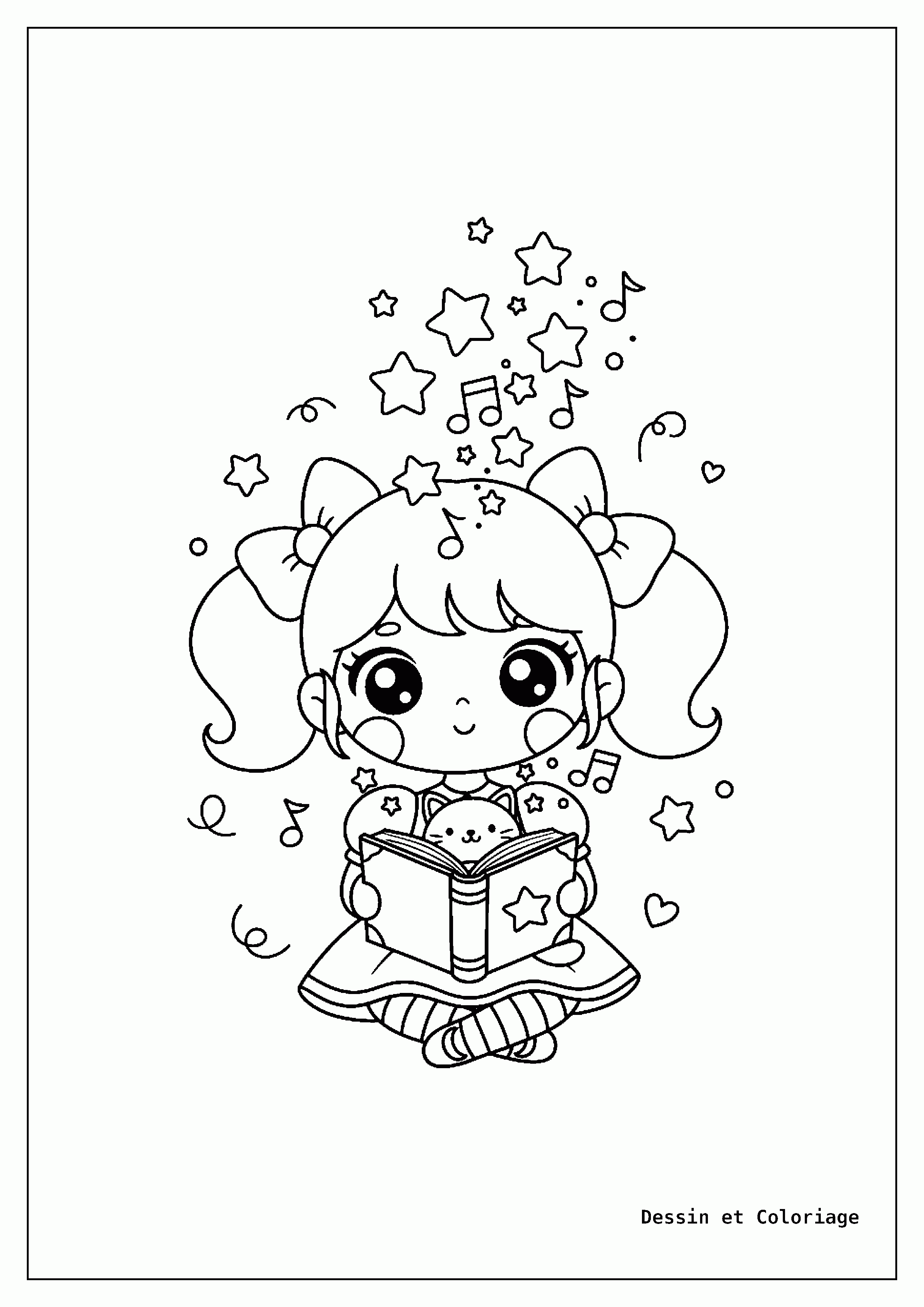 Coloriages Kawaii fille — Fillette kawaii lisant un livre magique, des étoiles et notes de musique s'échappant des pages.