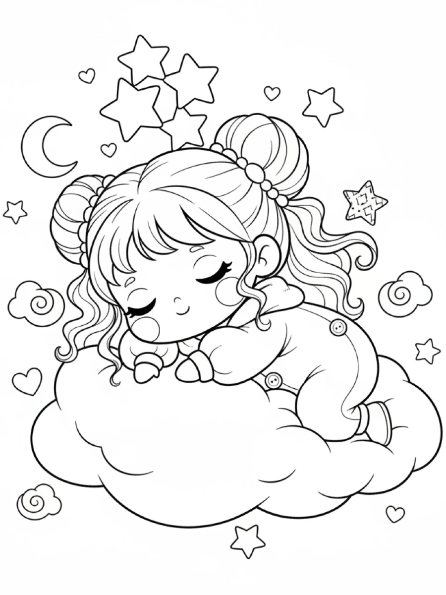 Coloriages Kawaii fille — Fille kawaii endormie sur un nuage moelleux, entourée d'étoiles scintillantes et d'une lune discrète.