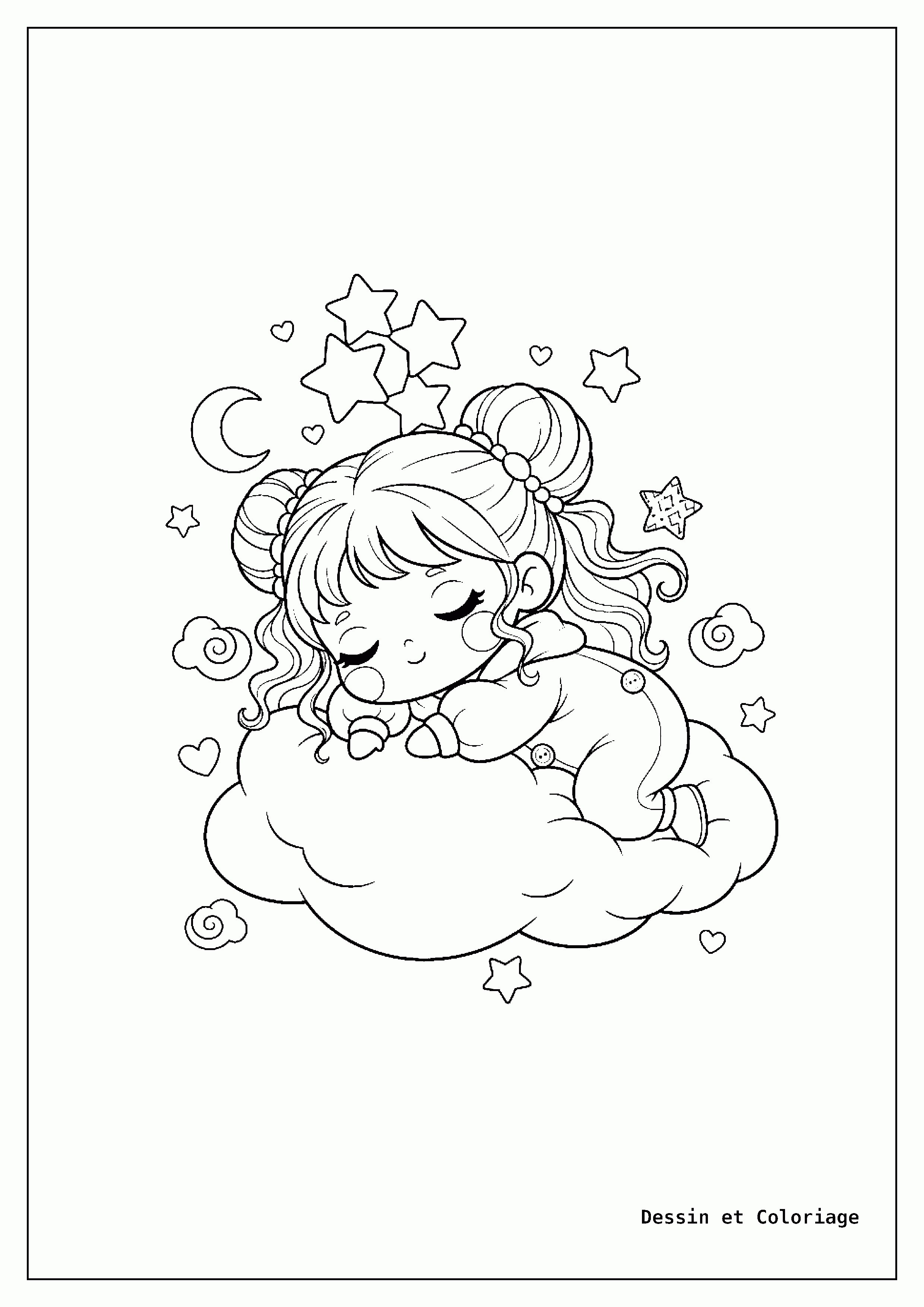 Coloriages Kawaii fille — Fille kawaii endormie sur un nuage moelleux, entourée d'étoiles scintillantes et d'une lune discrète.
