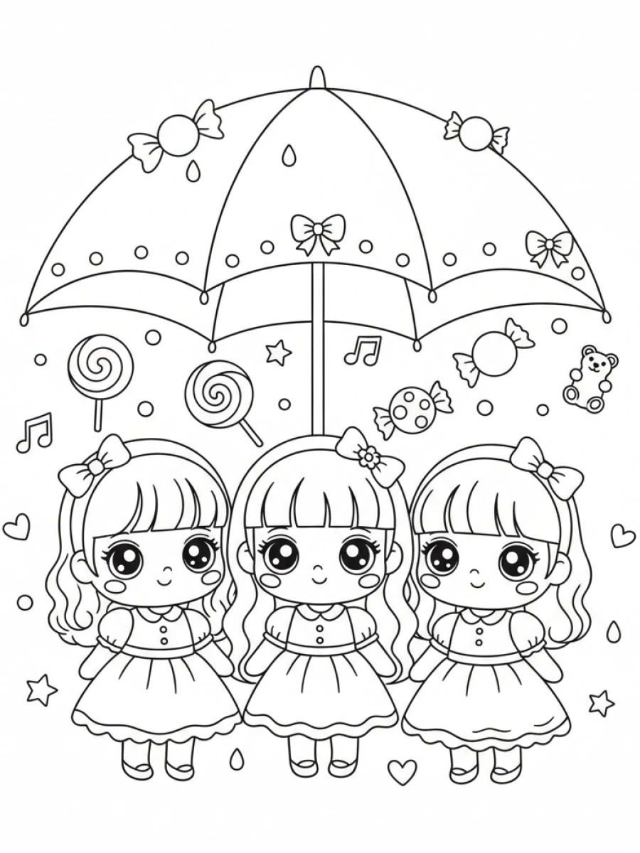 Coloriages Kawaii fille — Petite fille kawaii sous un parapluie, recevant des gouttes de pluie en forme de bonbons.
