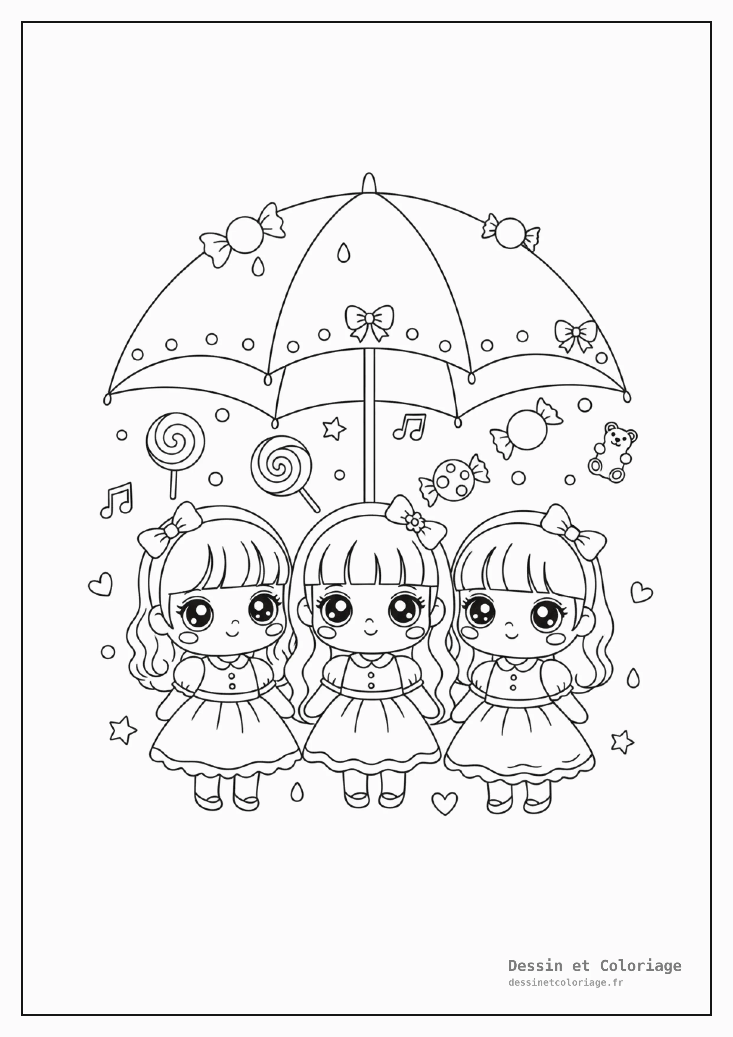 Coloriages Kawaii fille — Petite fille kawaii sous un parapluie, recevant des gouttes de pluie en forme de bonbons.