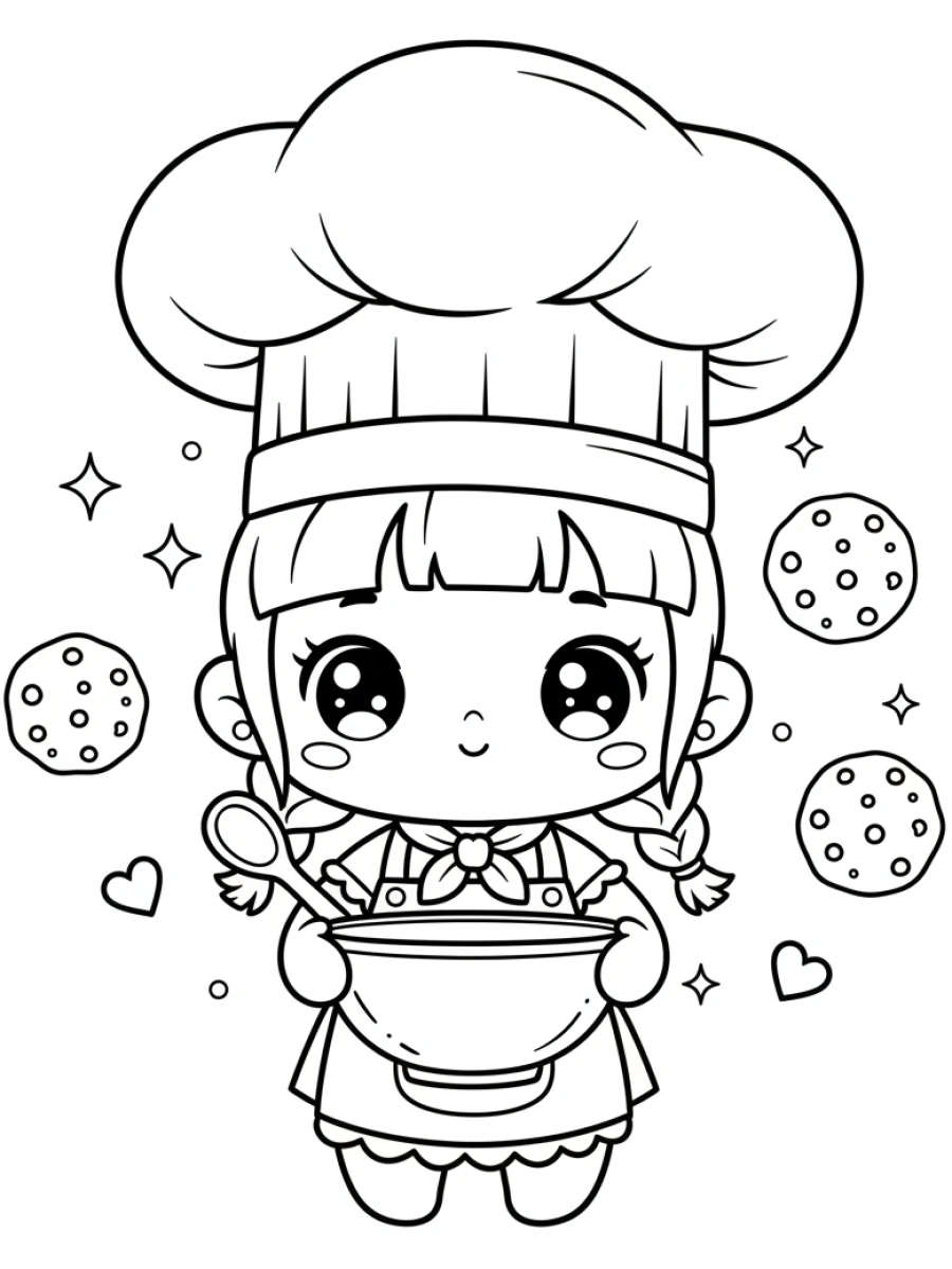 Coloriages Kawaii fille — Une jeune fille kawaii avec un chapeau de chef prépare des cookies, un bol et une cuillère à la main, entourée de biscuits.