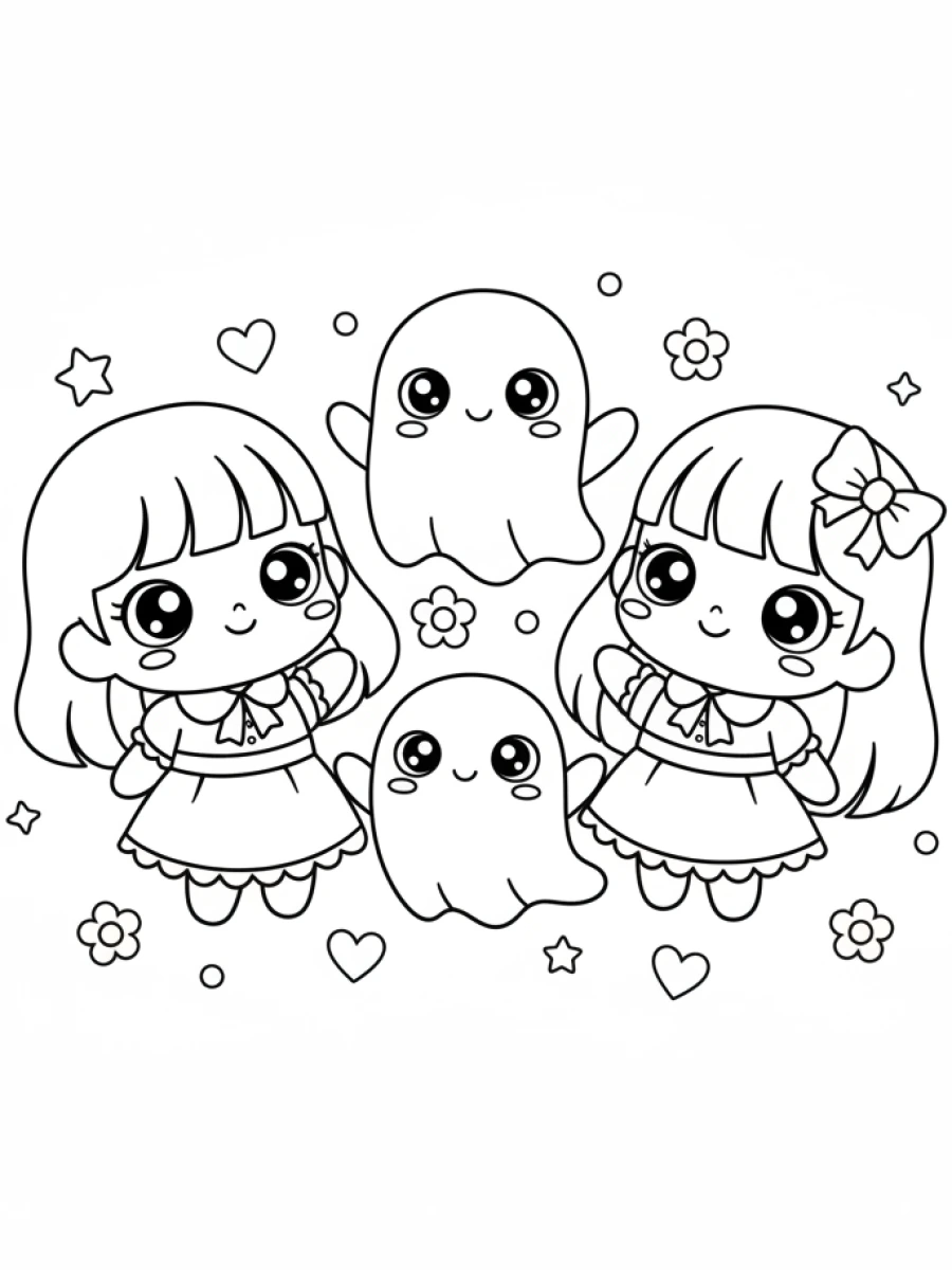 Coloriages Kawaii fille — Fillette kawaii souriante, accompagnée d'un petit fantôme amical et flottant, des bulles autour.