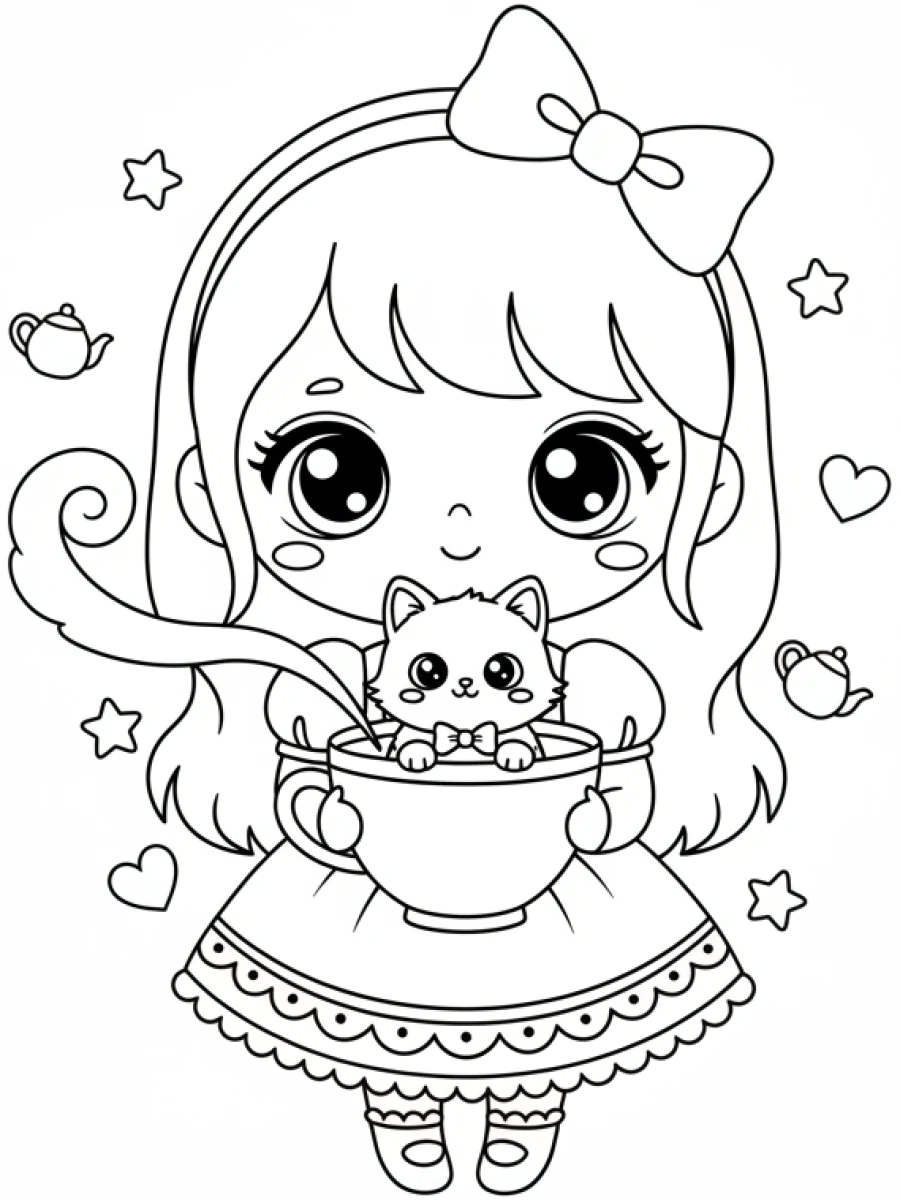 Coloriages Kawaii fille — Fillette kawaii buvant du thé, un adorable animal (chaton) dans sa tasse, des cœurs et des bulles.