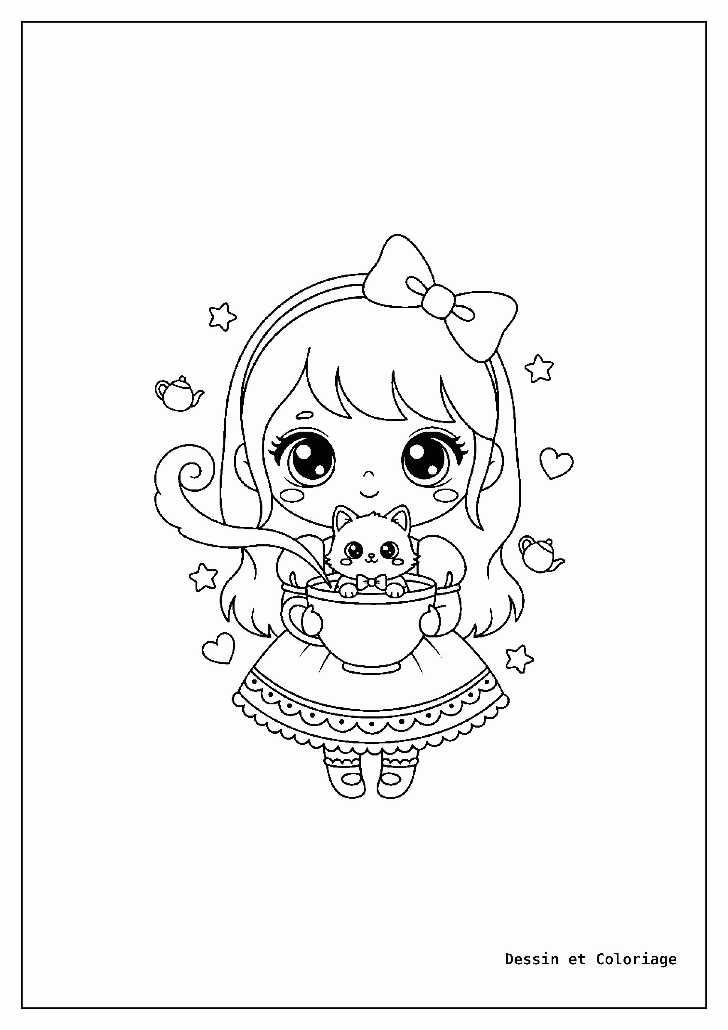 Coloriages Kawaii fille — Fillette kawaii buvant du thé, un adorable animal (chaton) dans sa tasse, des cœurs et des bulles.