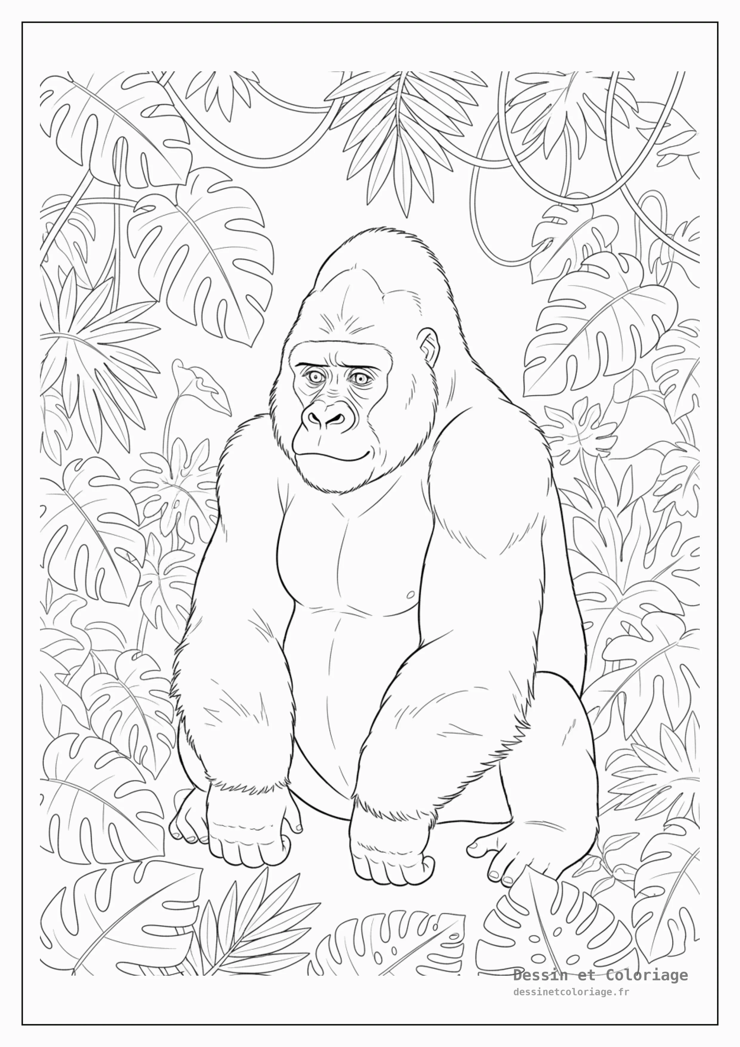 coloriage singe — Gorille majestueux assis calmement au milieu d'un feuillage luxuriant, avec une expression pensive.