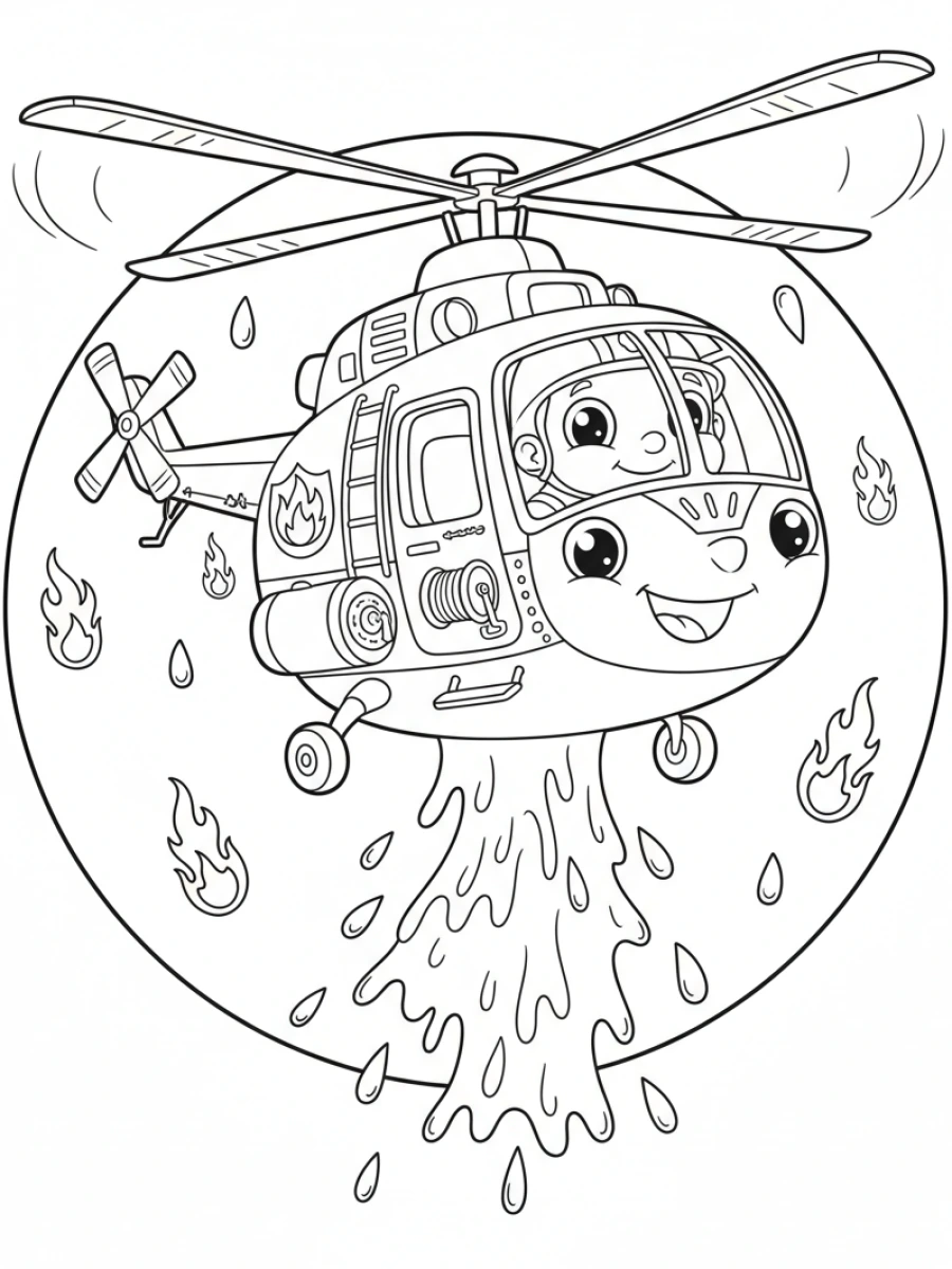 coloriage pompier — Un hélicoptère de pompiers en vol, laissant tomber de l'eau sur un feu imaginaire, avec ses rotors.