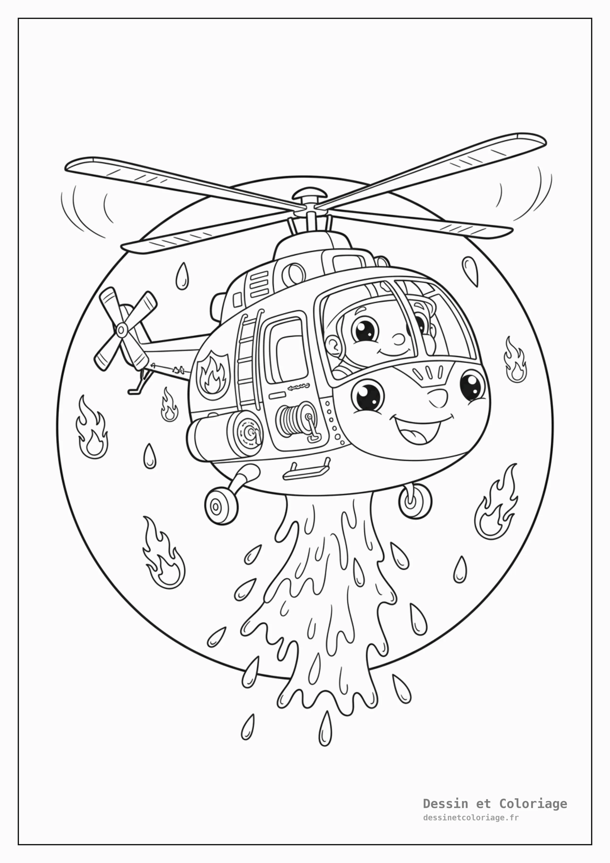 coloriage pompier — Un hélicoptère de pompiers en vol, laissant tomber de l'eau sur un feu imaginaire, avec ses rotors.