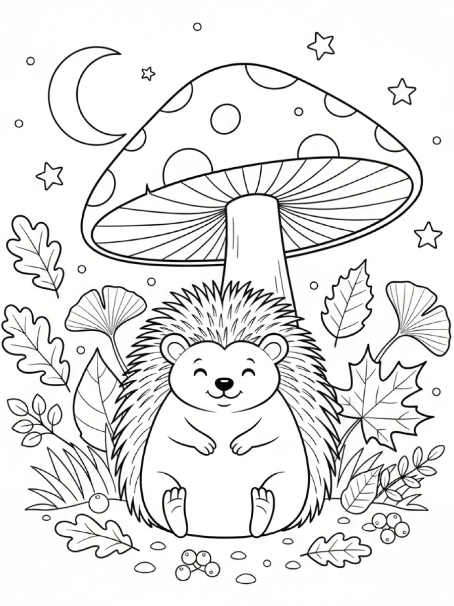 Coloriage hérisson champignon feuilles