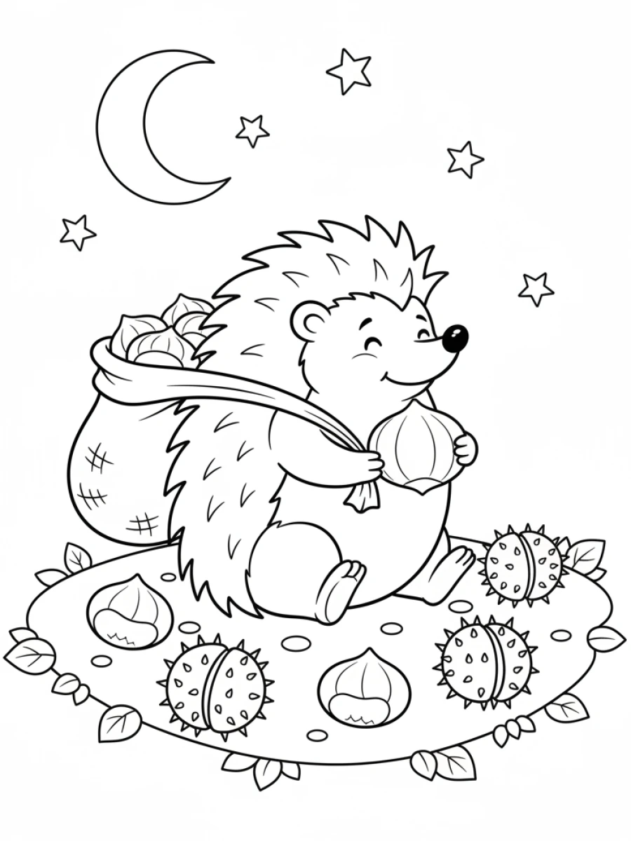 Coloriage hérisson châtaignes récolte