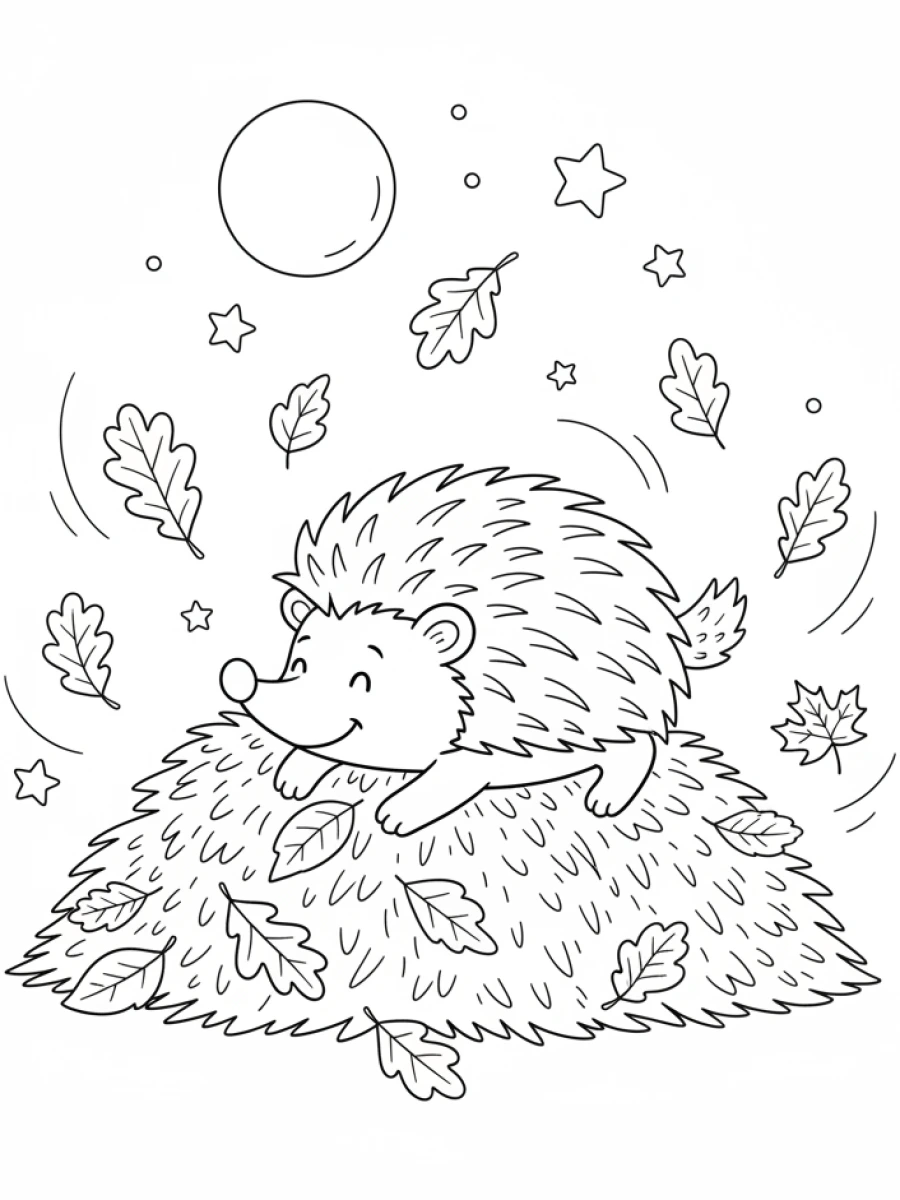 Coloriage hérisson tas feuilles