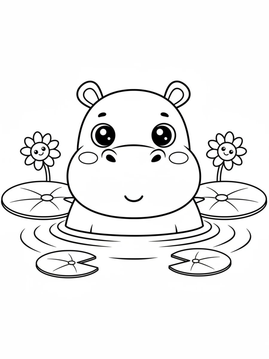 Coloriage Animaux Kawaii — Un hippopotame joyeux sort de l'eau, entouré de fleurs flottantes et de nénuphars, les yeux pétillants.