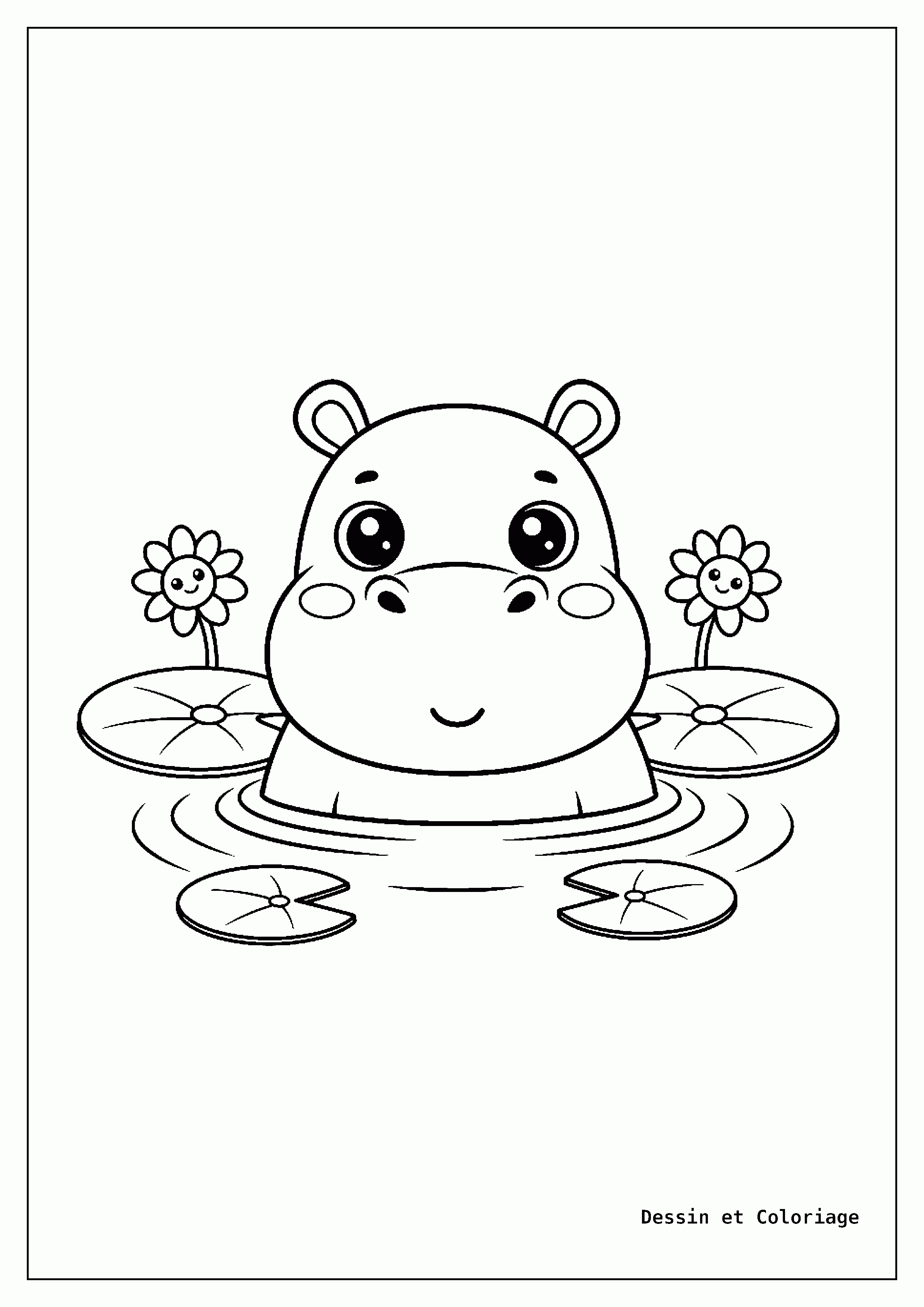 Coloriage Animaux Kawaii — Un hippopotame joyeux sort de l'eau, entouré de fleurs flottantes et de nénuphars, les yeux pétillants.