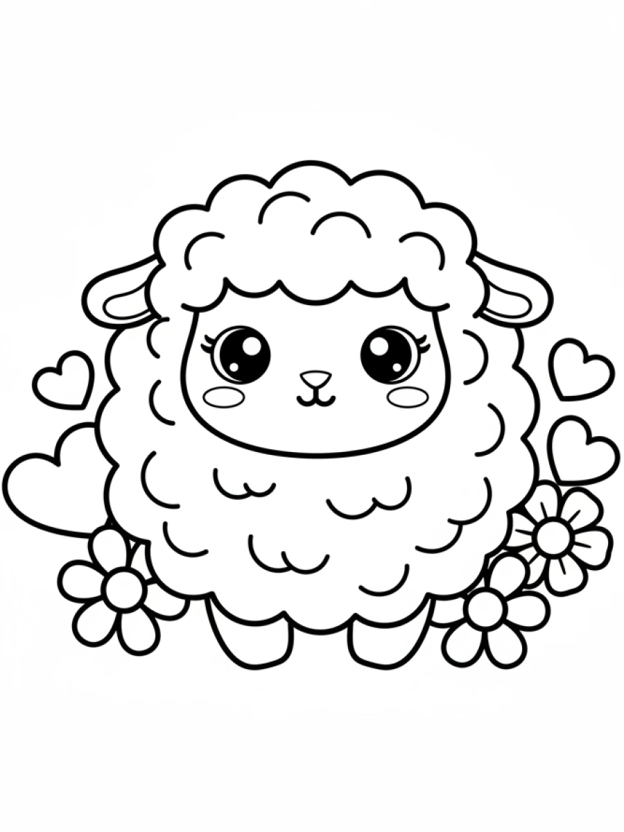 Coloriage Animaux Kawaii — Un mouton moelleux et souriant est entouré de petits cœurs et de fleurs simples, les yeux doux.