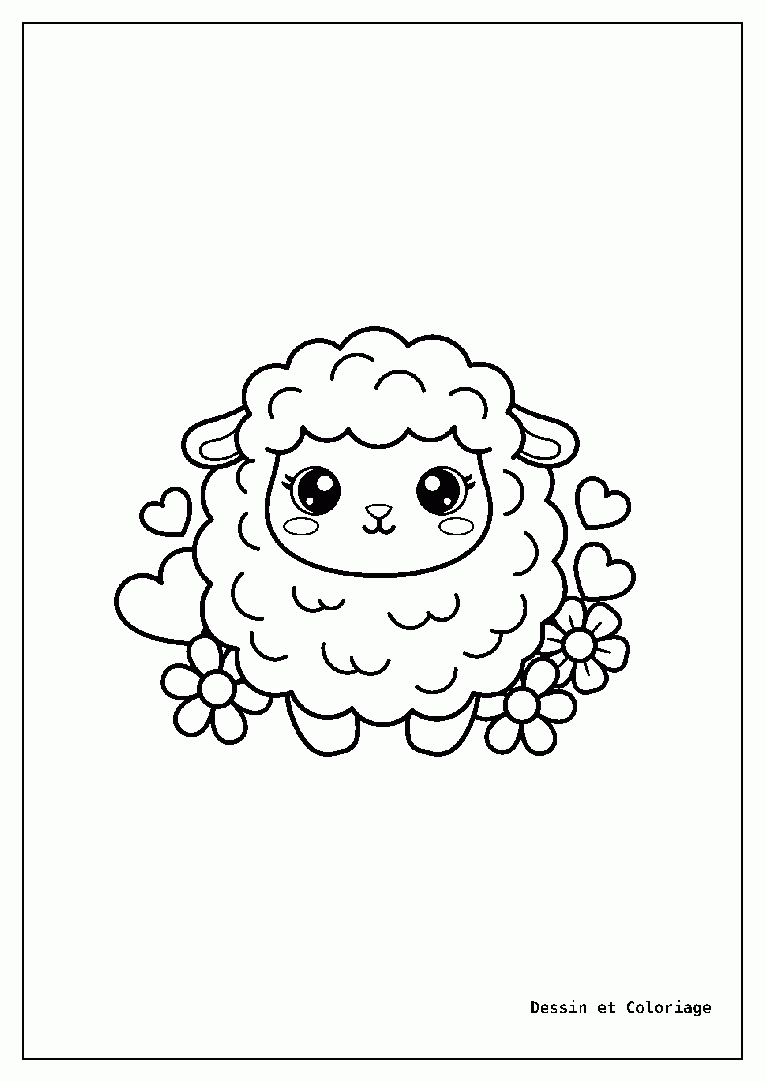 Coloriage Animaux Kawaii — Un mouton moelleux et souriant est entouré de petits cœurs et de fleurs simples, les yeux doux.