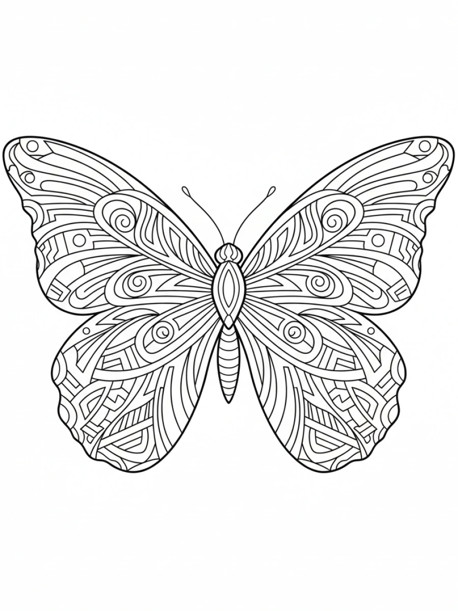 coloriage papillon mandala — Papillon abstrait avec des ailes composées de lignes entrelacées formant un mandala moderne et complexe.