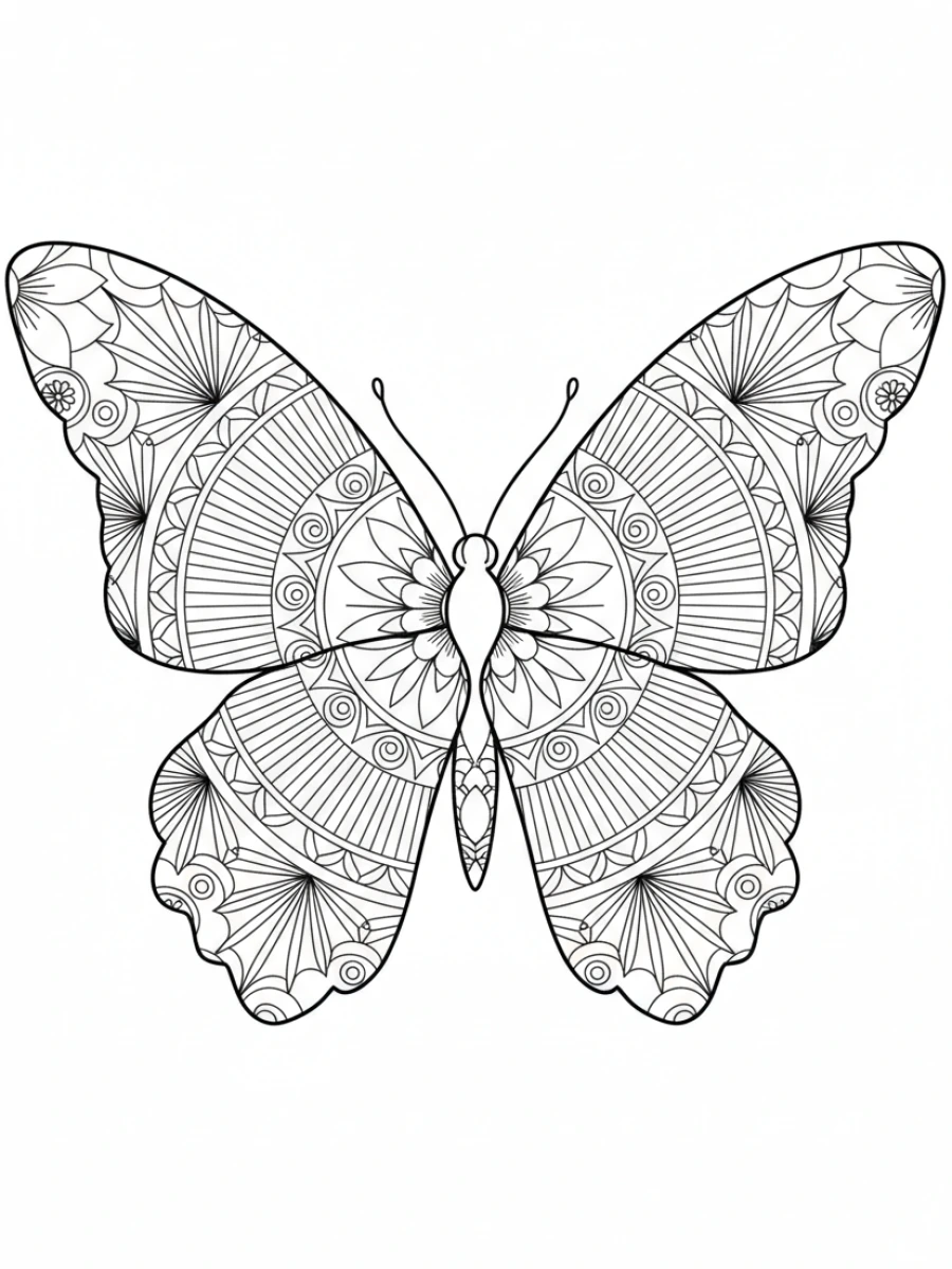 coloriage papillon mandala — Papillon aux ailes stylisées dans un design Art Déco, mêlant géométrie et motifs floraux en mandala.