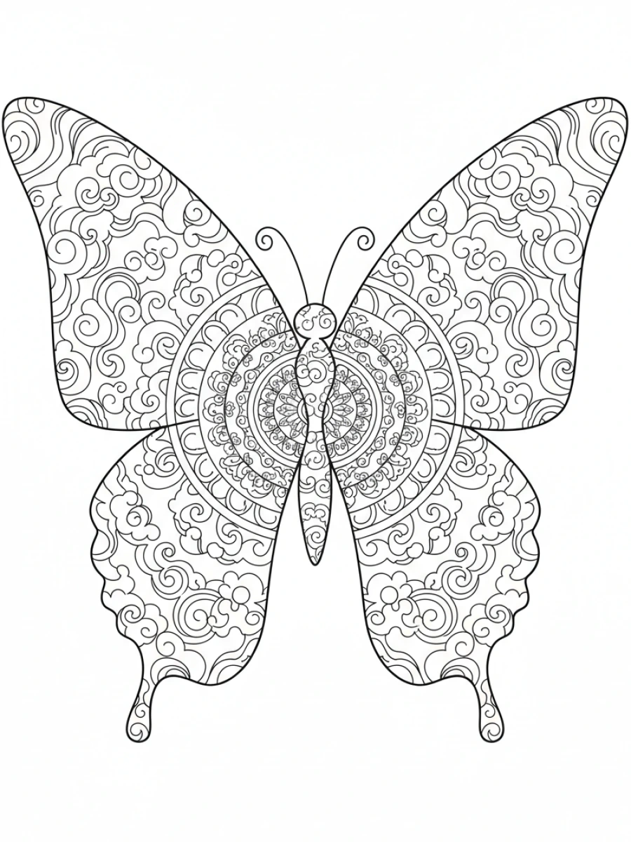 coloriage papillon mandala — Papillon aux ailes ornées de motifs de nuages et de vagues asiatiques, agencés en mandala, pour une touche d'harmonie.