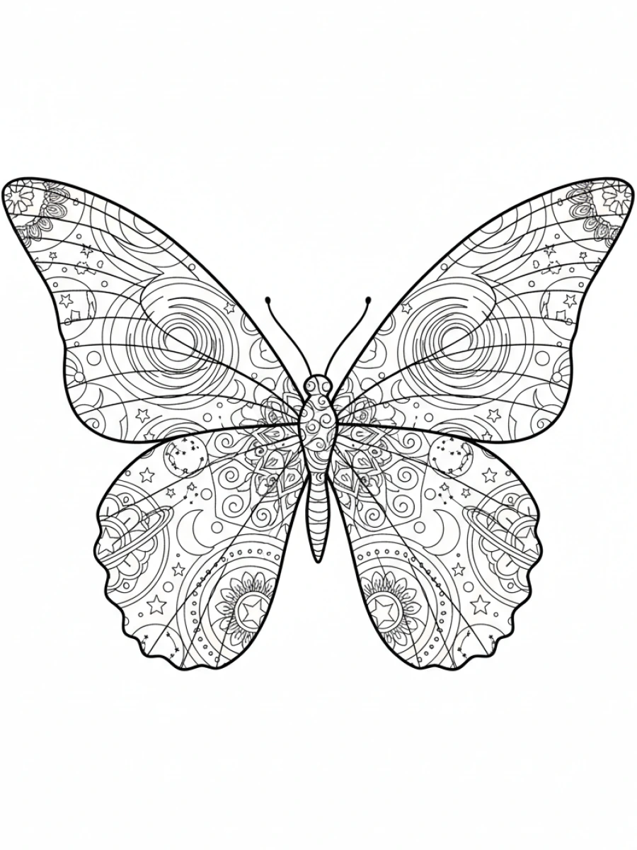 coloriage papillon mandala — Papillon aux ailes ornées de motifs de mandala célestes, avec étoiles, planètes et galaxies, évoquant le cosmos.
