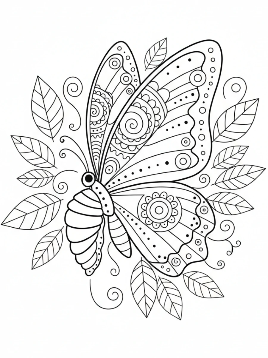 coloriage papillon mandala — Papillon en pleine éclosion, sortant de sa chrysalide, avec des motifs de mandala simples sur ses ailes naissantes, entouré de feuilles.