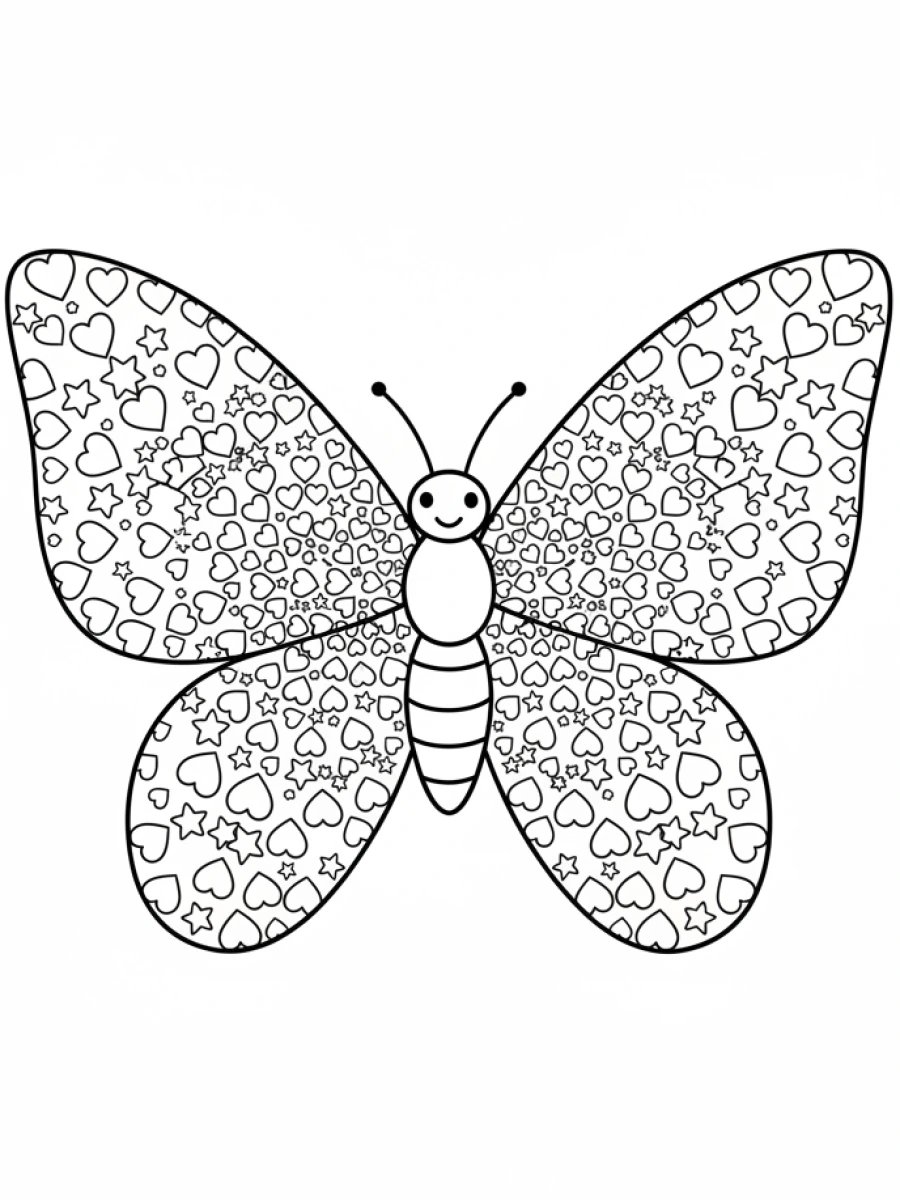 coloriage papillon mandala — Papillon souriant avec des ailes décorées de cœurs et d'étoiles, créant un motif de mandala joyeux.
