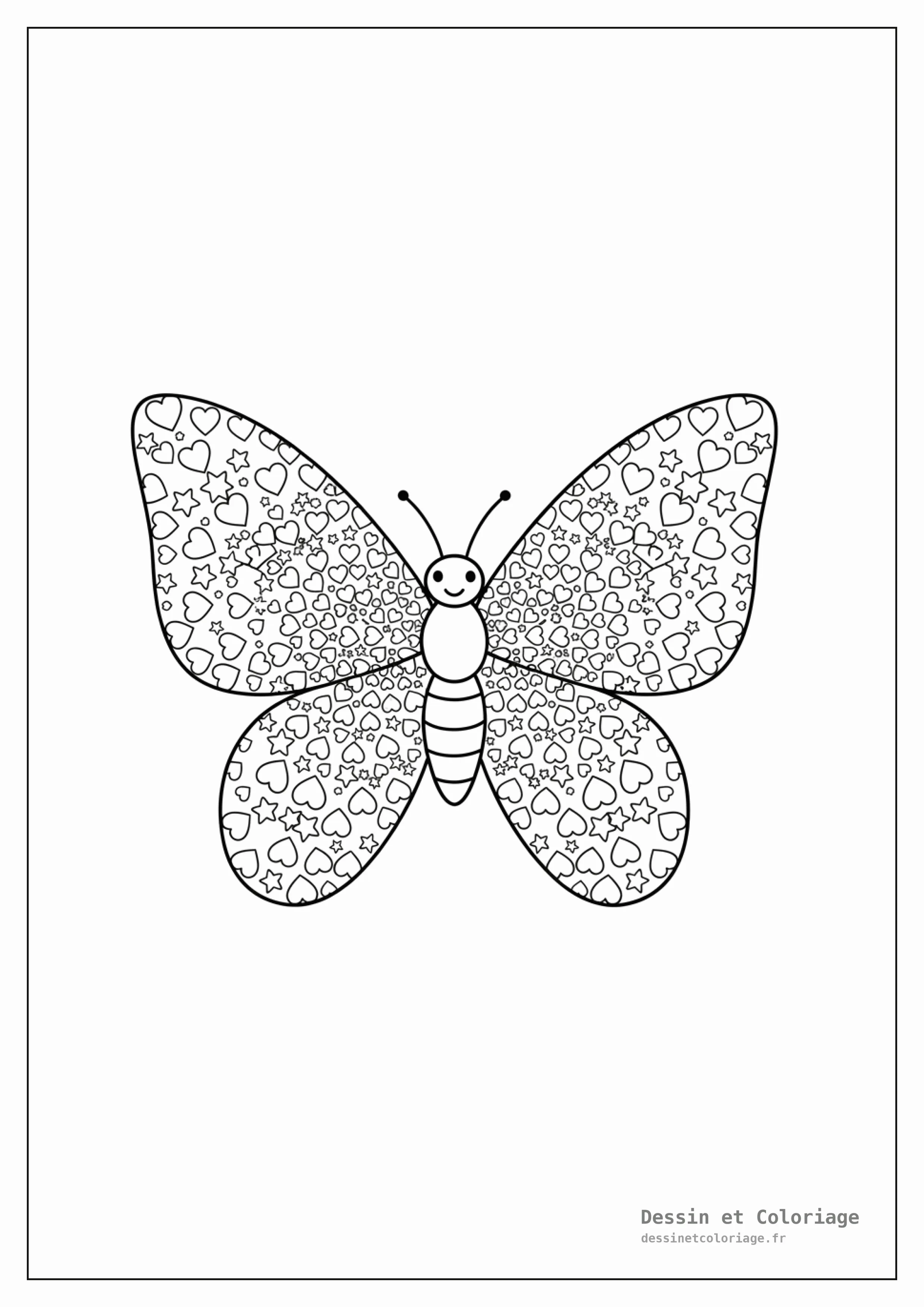 coloriage papillon mandala — Papillon souriant avec des ailes décorées de cœurs et d'étoiles, créant un motif de mandala joyeux.