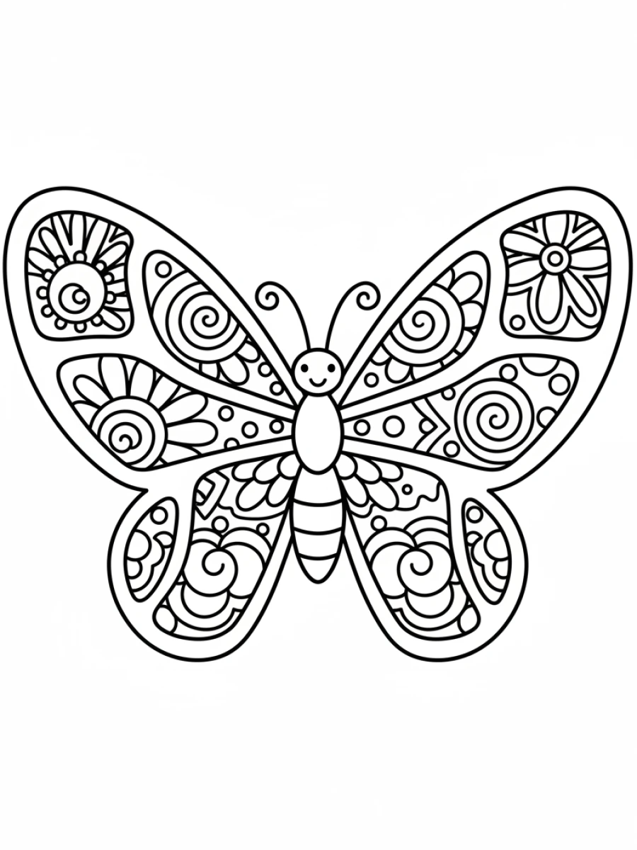 coloriage papillon mandala — Papillon mignon et simple avec de grandes ailes faciles à colorier, remplies de motifs de mandala basiques, idéal pour les jeunes enfants.