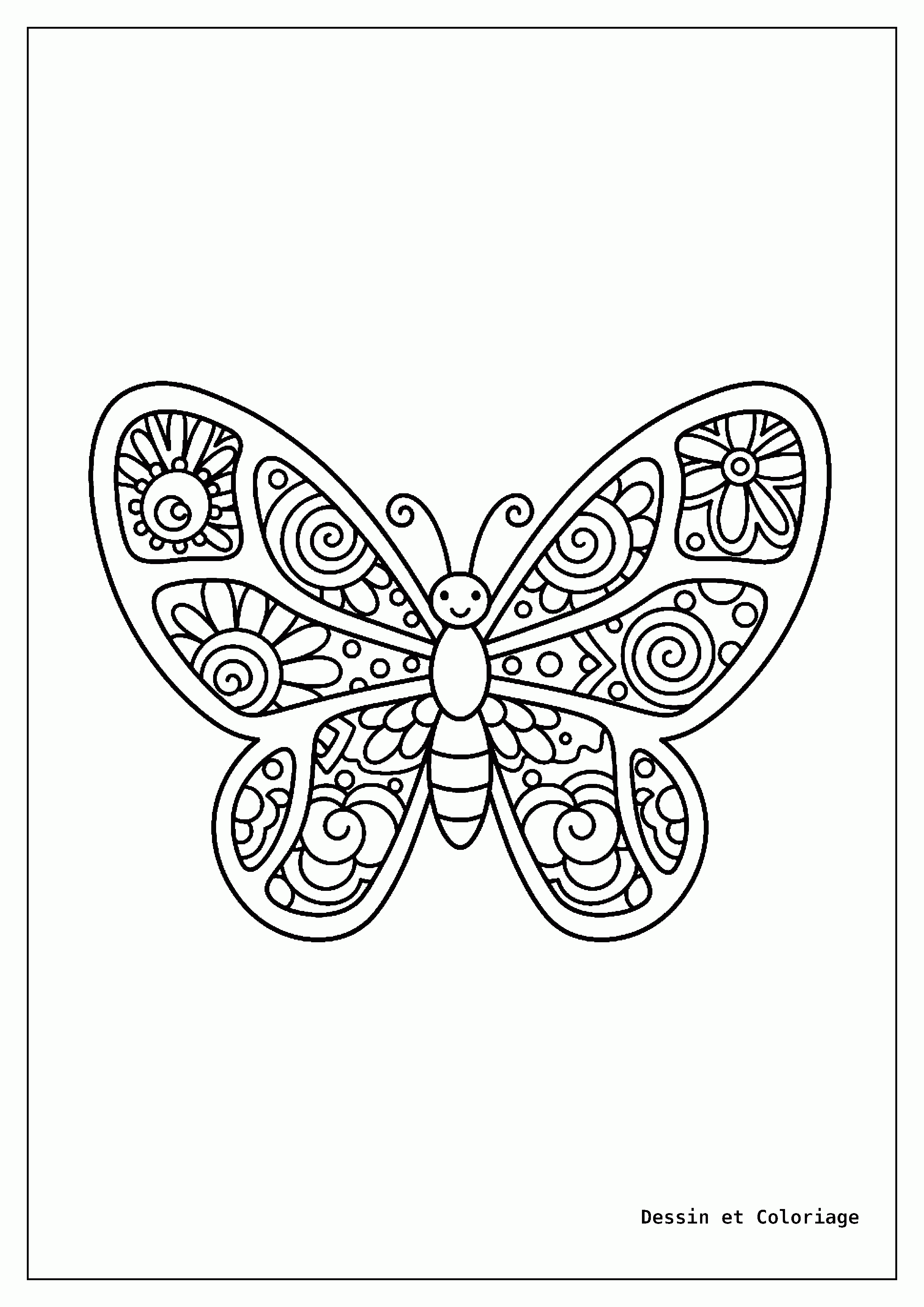 coloriage papillon mandala — Papillon mignon et simple avec de grandes ailes faciles à colorier, remplies de motifs de mandala basiques, idéal pour les jeunes enfants.