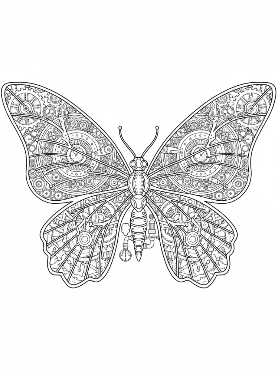 coloriage papillon mandala — Papillon d'inspiration steampunk, avec des ailes détaillées de motifs d'engrenages et de rouages en mandala.