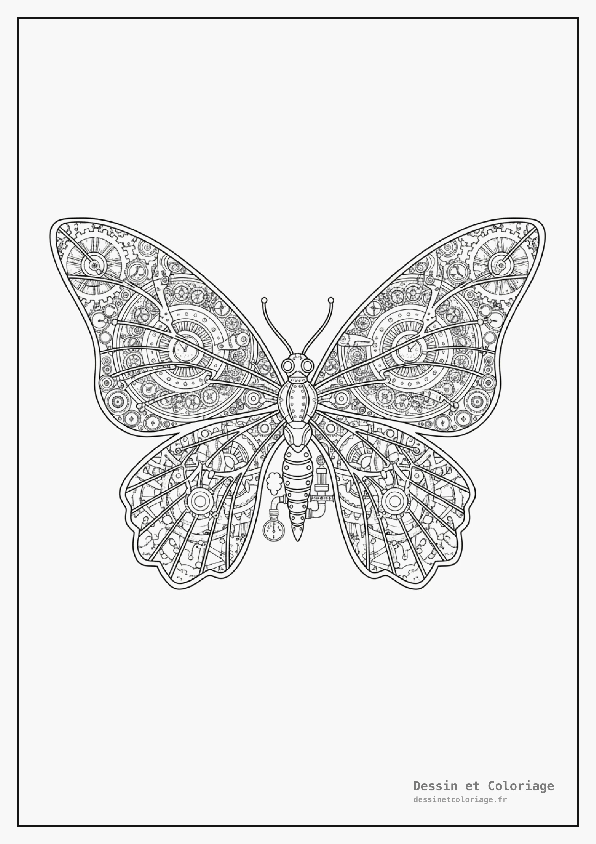 coloriage papillon mandala — Papillon d'inspiration steampunk, avec des ailes détaillées de motifs d'engrenages et de rouages en mandala.