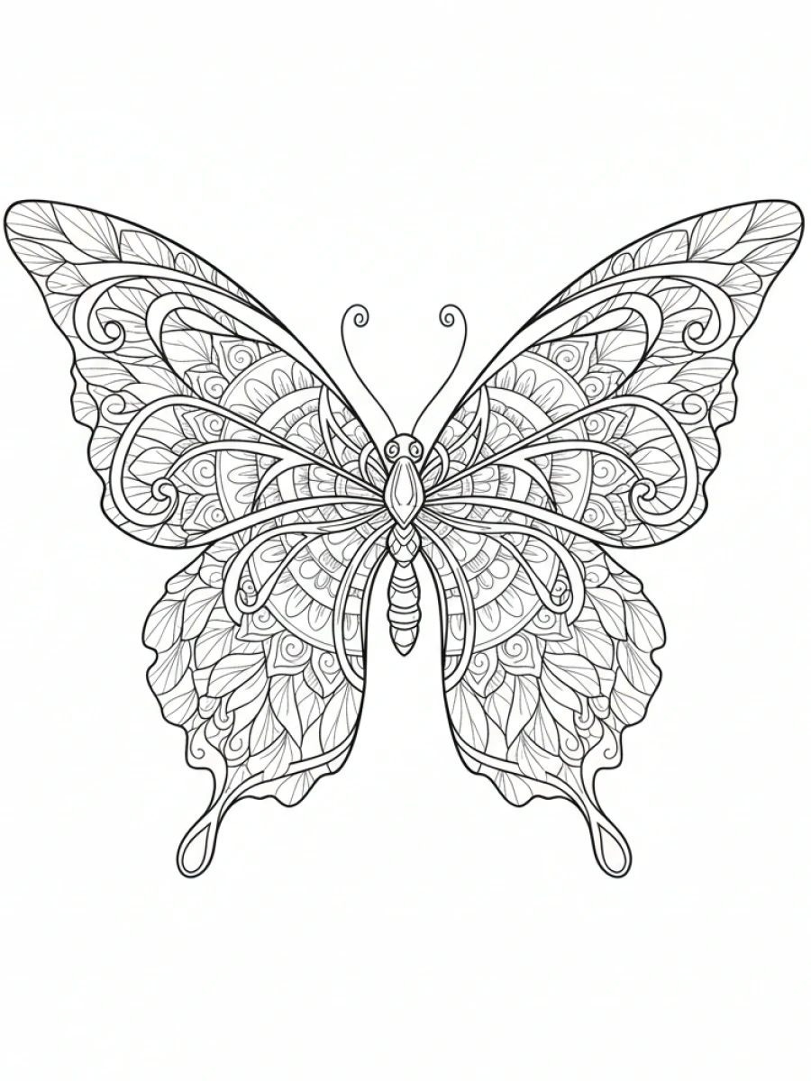 coloriage papillon mandala — Papillon fantastique aux ailes légères, décorées de motifs de plumes intégrés à un mandala, pour une touche onirique.