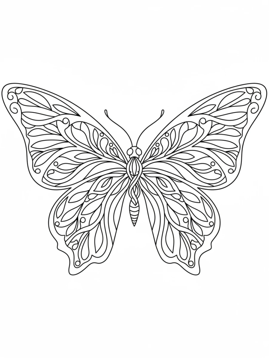 coloriage papillon mandala — Grand papillon aux ailes majestueuses, ornées de motifs de feuilles et d'arabesques en mandala, pour une ambiance sereine.