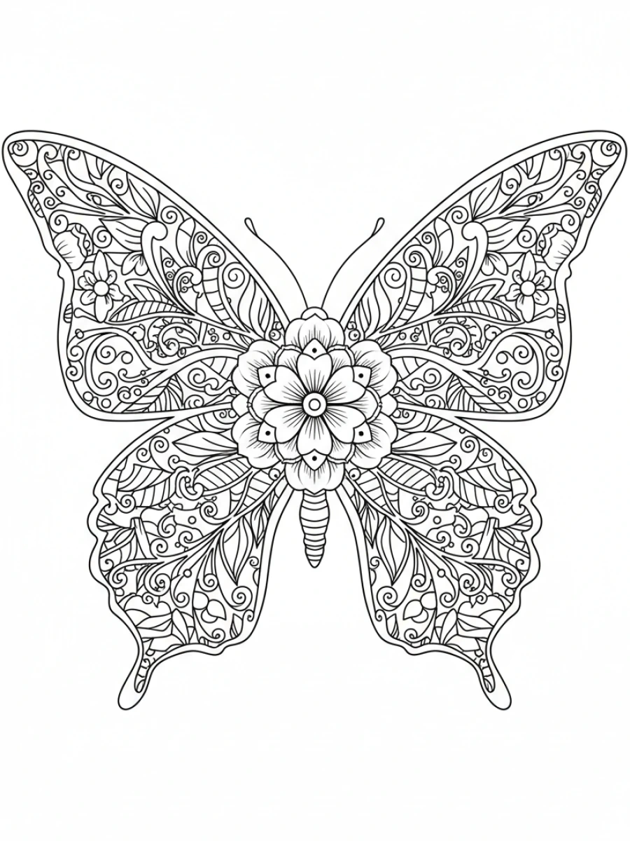 coloriage papillon mandala — Papillon aux ailes ornées de motifs floraux mandalas, avec une grande fleur en son centre, prêt à être colorié.