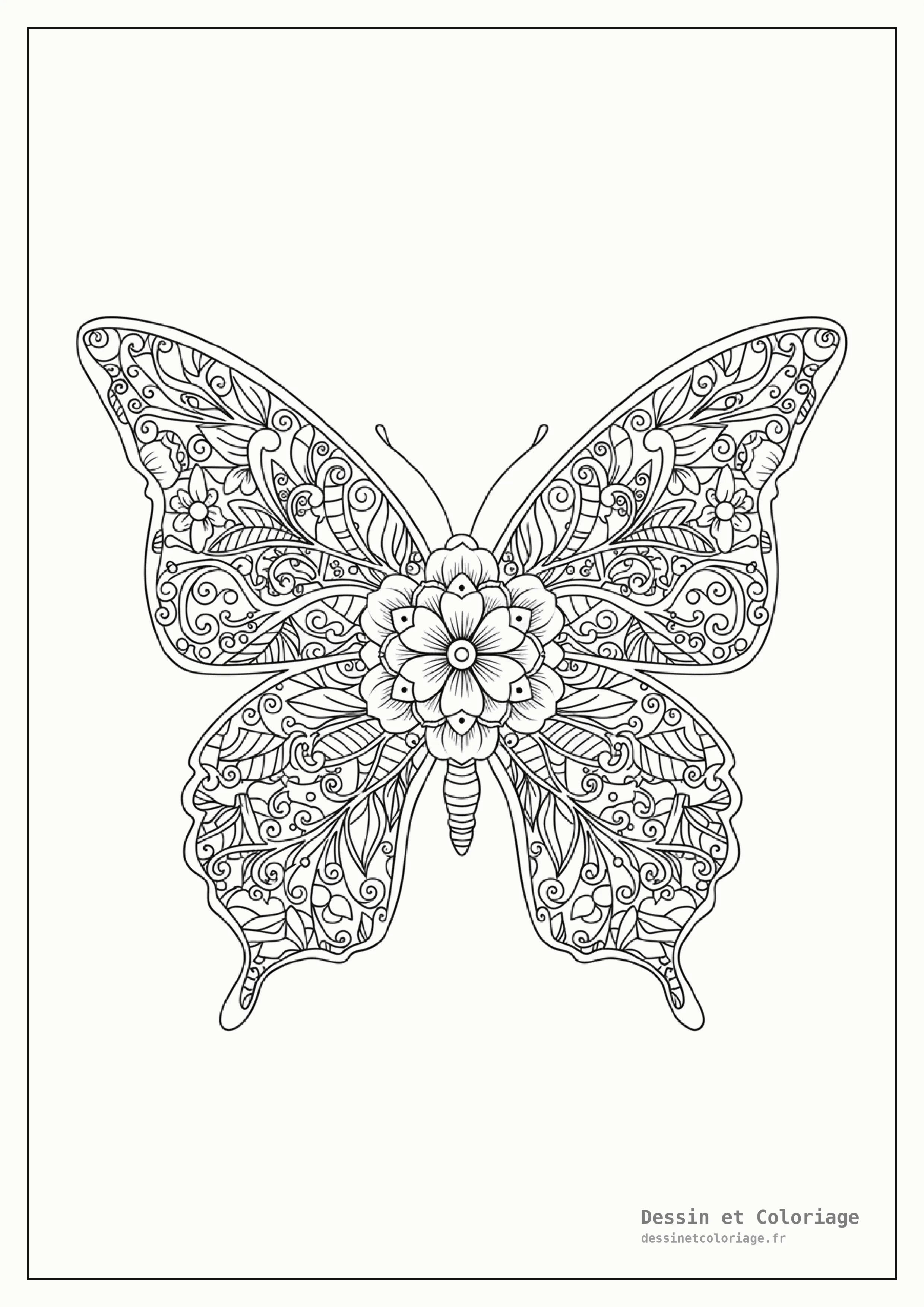 coloriage papillon mandala — Papillon aux ailes ornées de motifs floraux mandalas, avec une grande fleur en son centre, prêt à être colorié.