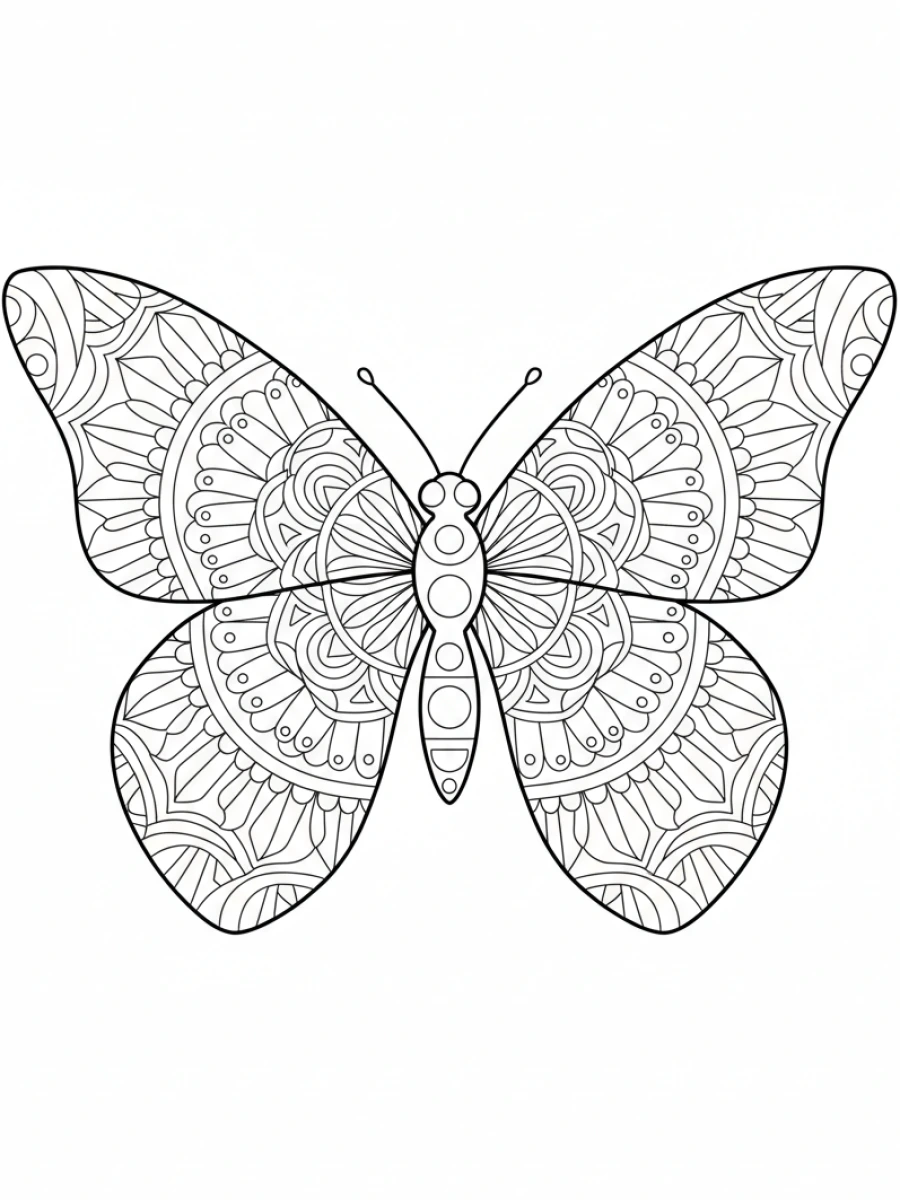coloriage papillon mandala — Papillon aux ailes remplies de motifs géométriques mandalas, avec une symétrie parfaite, invitant à la concentration.