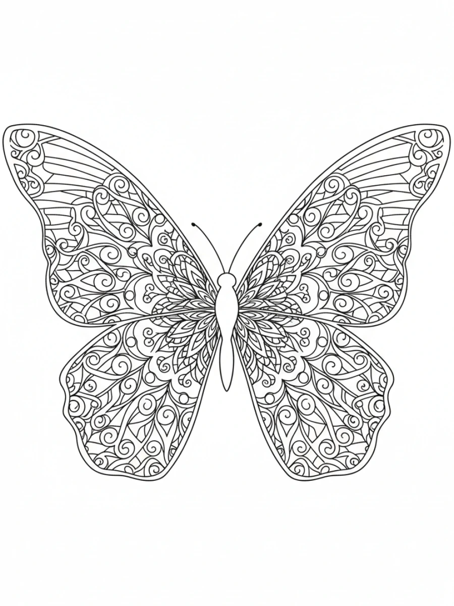 coloriage papillon mandala — Papillon aux ailes sombres et complexes, décorées de motifs de mandala gothiques, pour une ambiance mystérieuse.